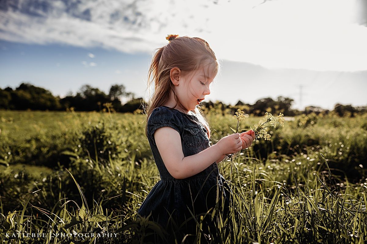 Child in navy dress examining wildflowers in a sun-drenched meadow.