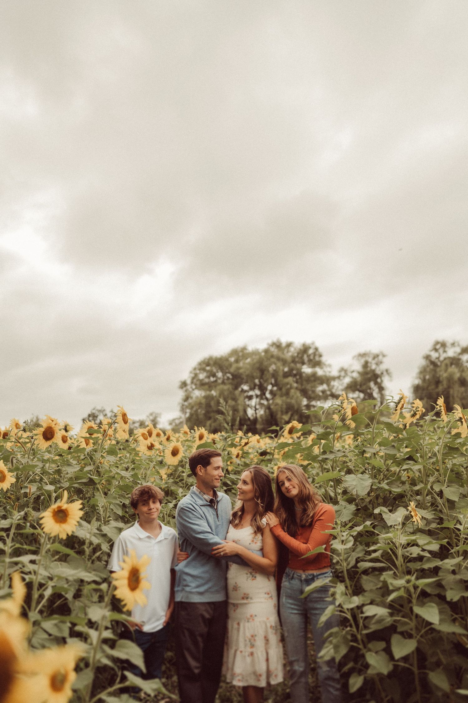 A group shares an intimate moment while surrounded by towering sunflowers in a field.