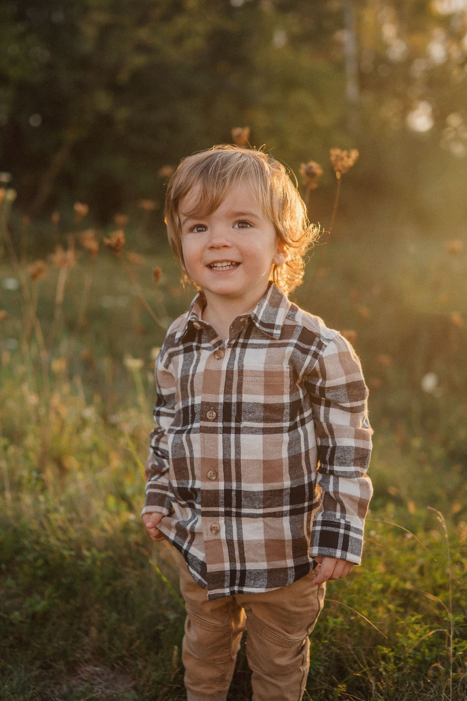A toddler wearing a brown plaid shirt and khaki pants stands in a sunlit field during golden hour.