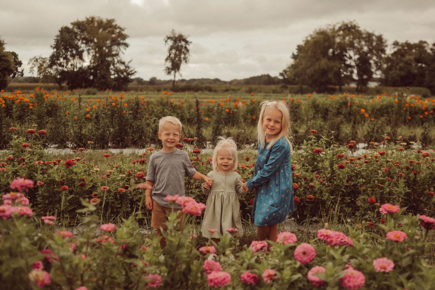 Children standing together in a garden filled with pink and orange flowers.
