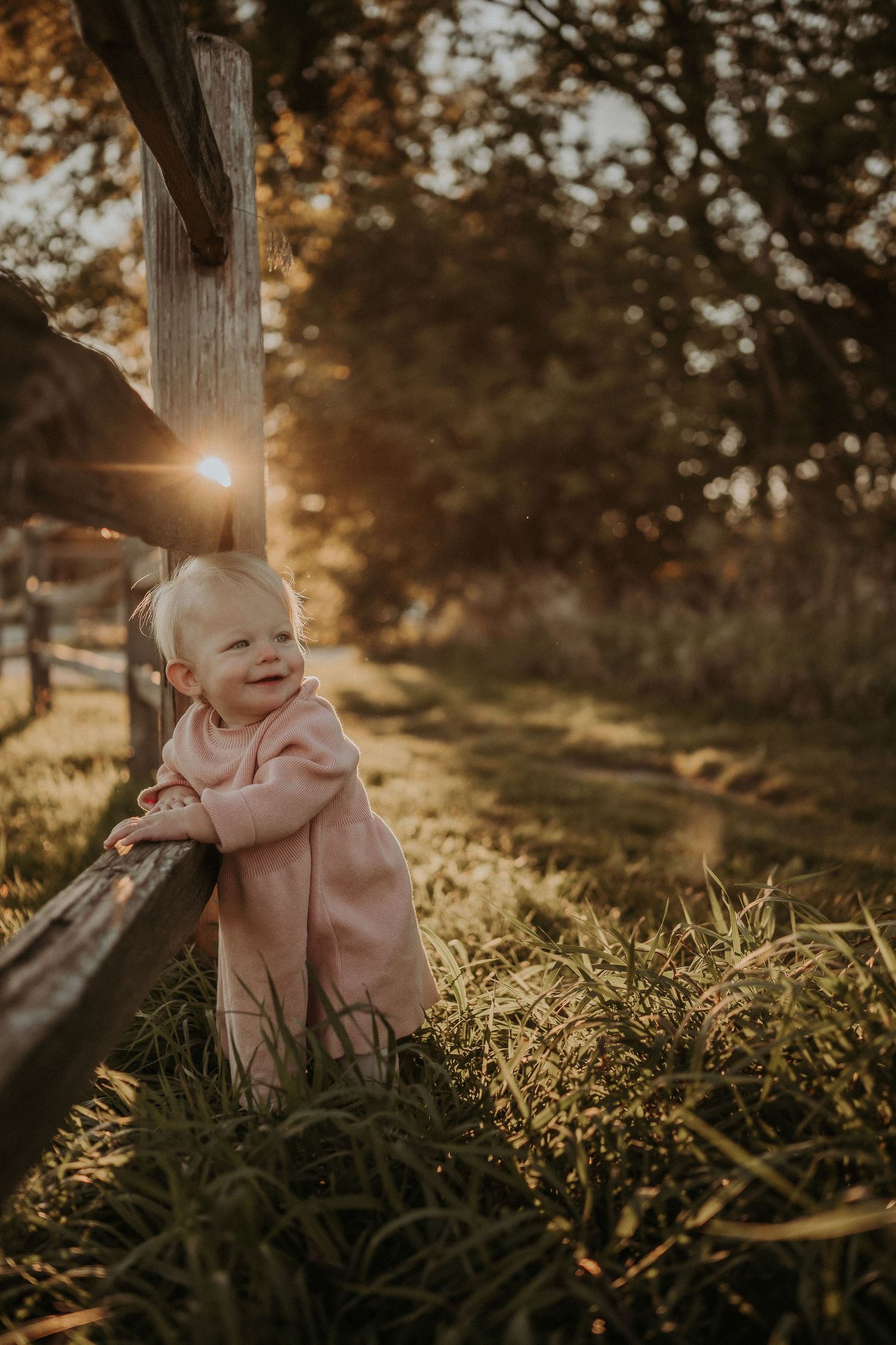 Small child holds wooden fence post during golden hour with sunlight streaming through.
