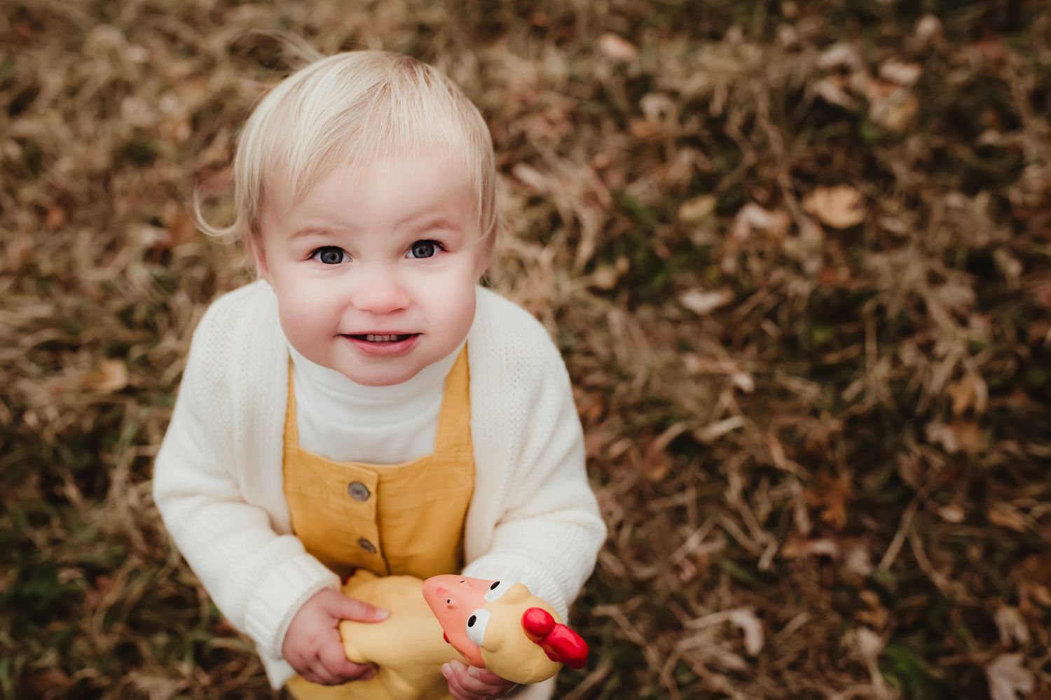 A toddler in yellow overalls and white sweater holds a toy while sitting among autumn leaves.