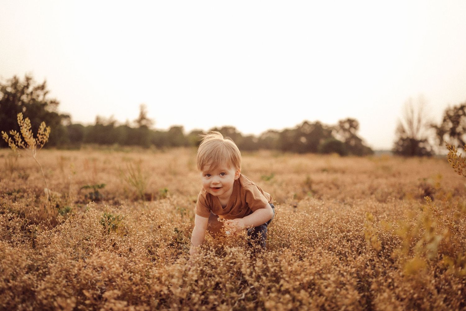 A child playing in tall grass during golden hour in a rural field.