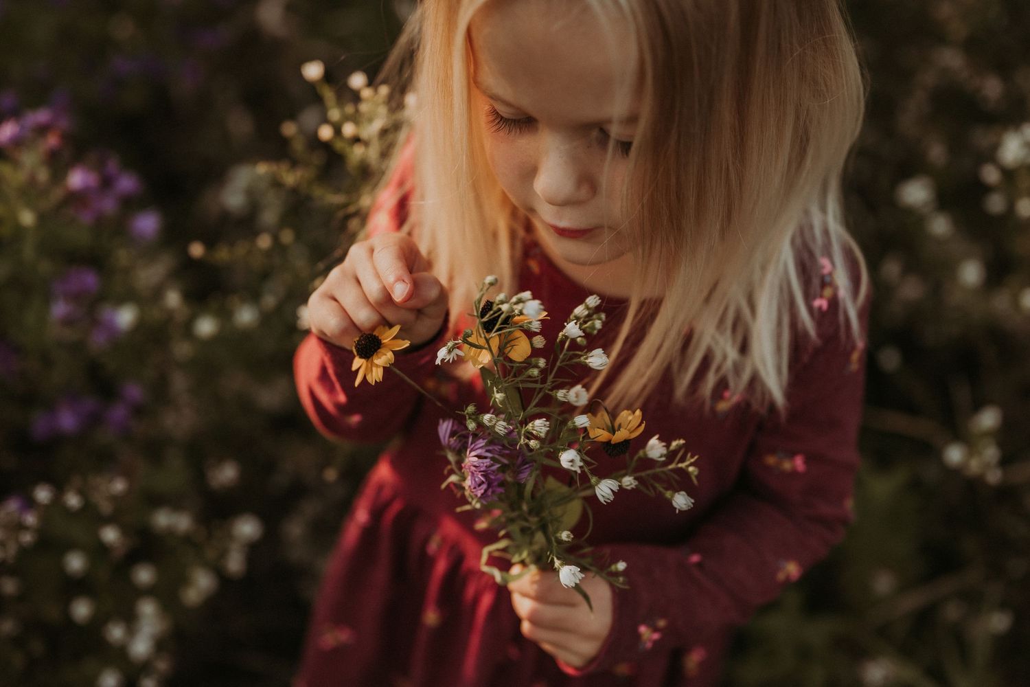 Young child in burgundy dress examining wildflowers in natural outdoor setting.