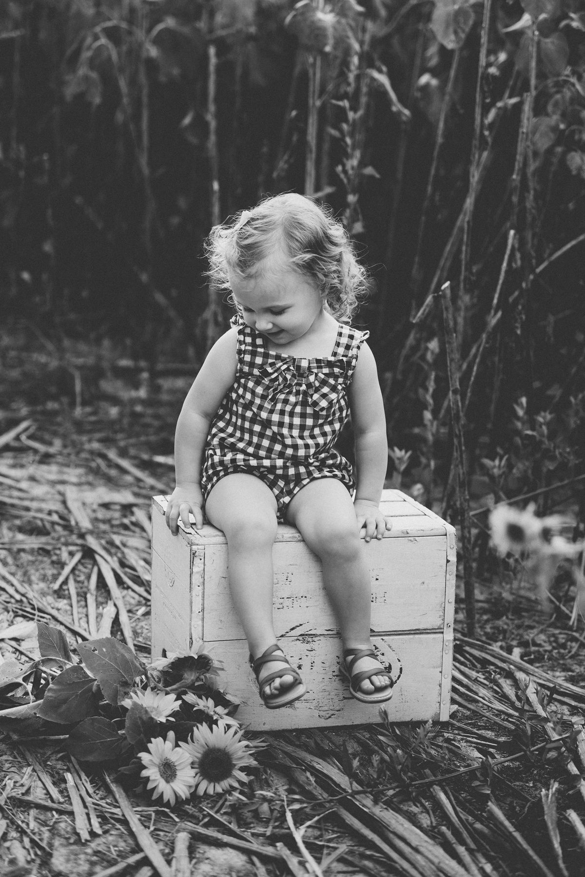 Black and white portrait of child on vintage crate with sunflowers.