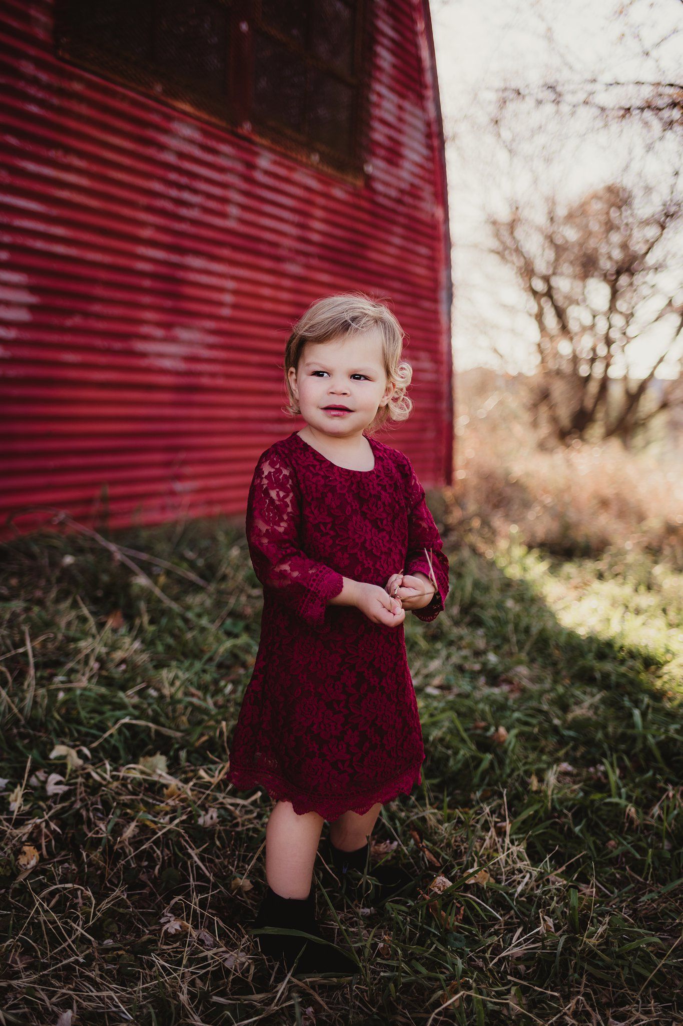 Small child in burgundy dress stands against bright red barn wall in natural setting.