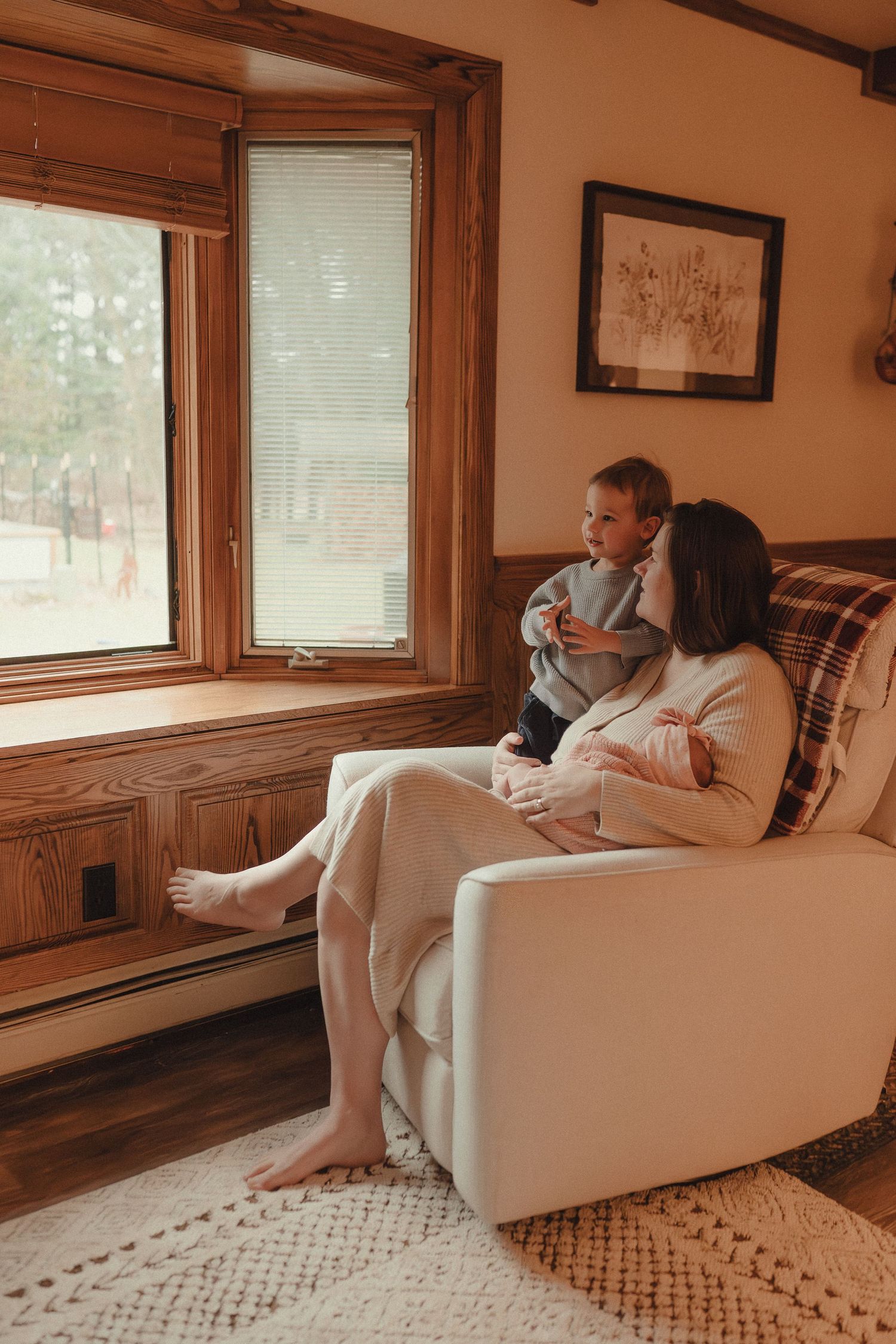 Cozy living room scene with white armchair and wood-framed windows casting natural light.