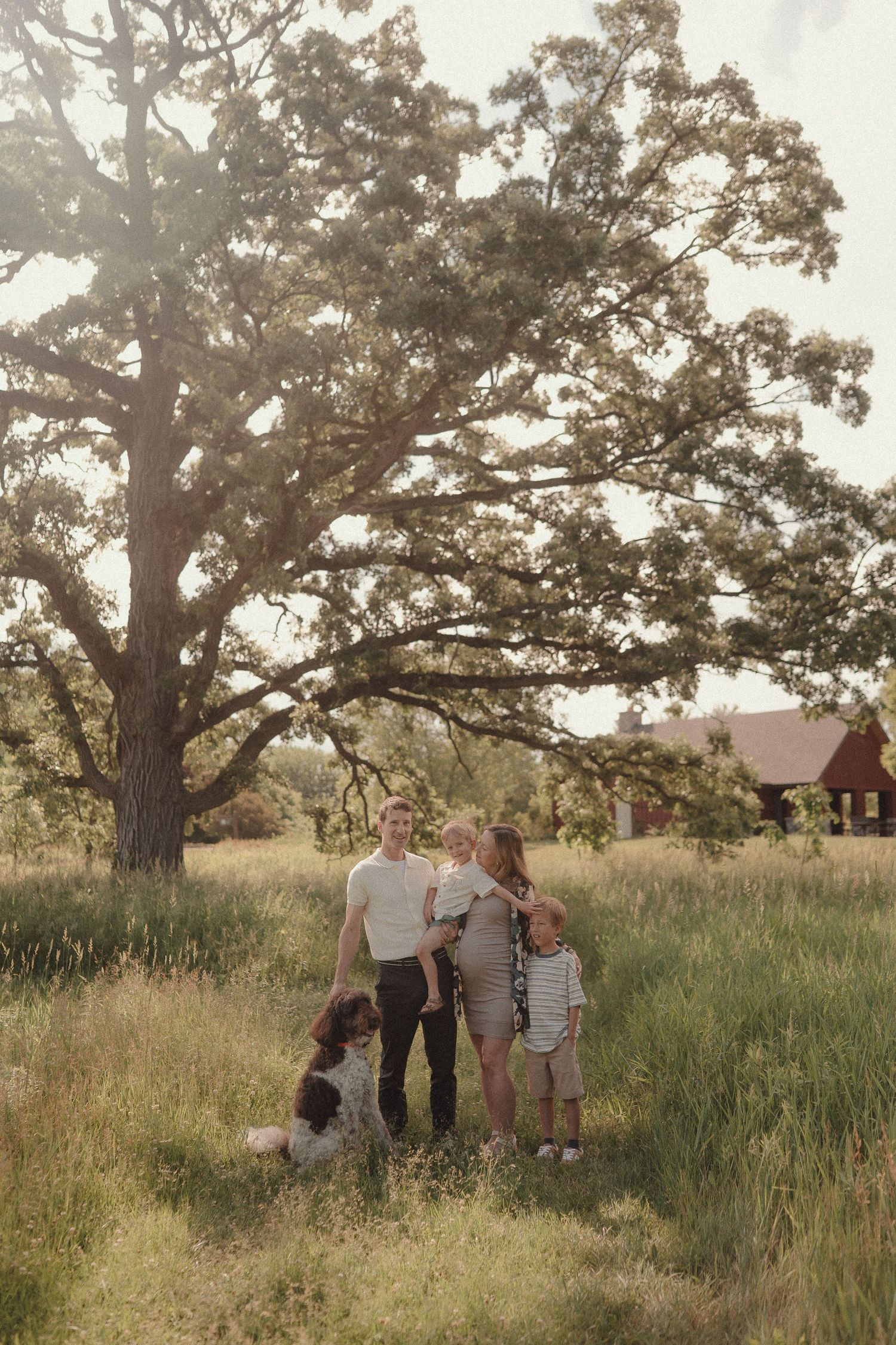 Family with a dog and young child standing in a sunlit meadow with a large oak tree and red barn behind them.