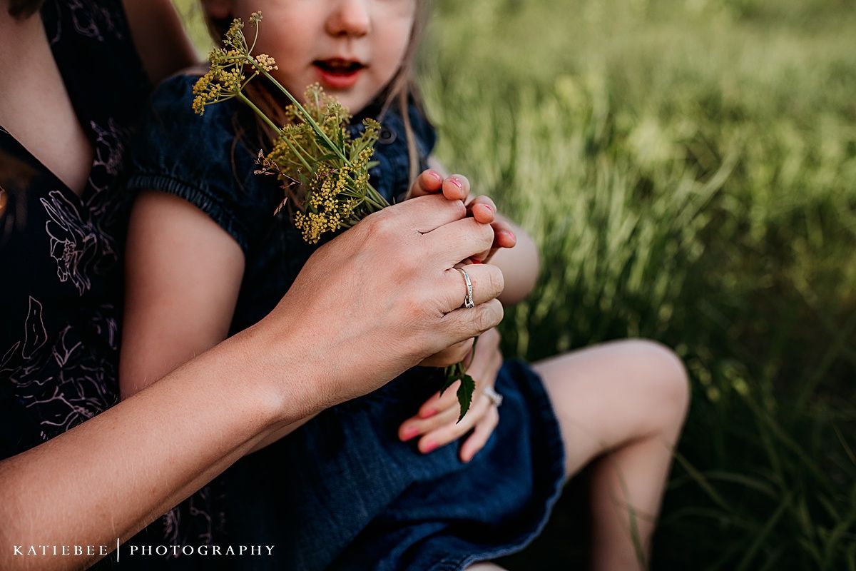 Close-up shot of hands holding delicate wildflowers in natural outdoor setting.