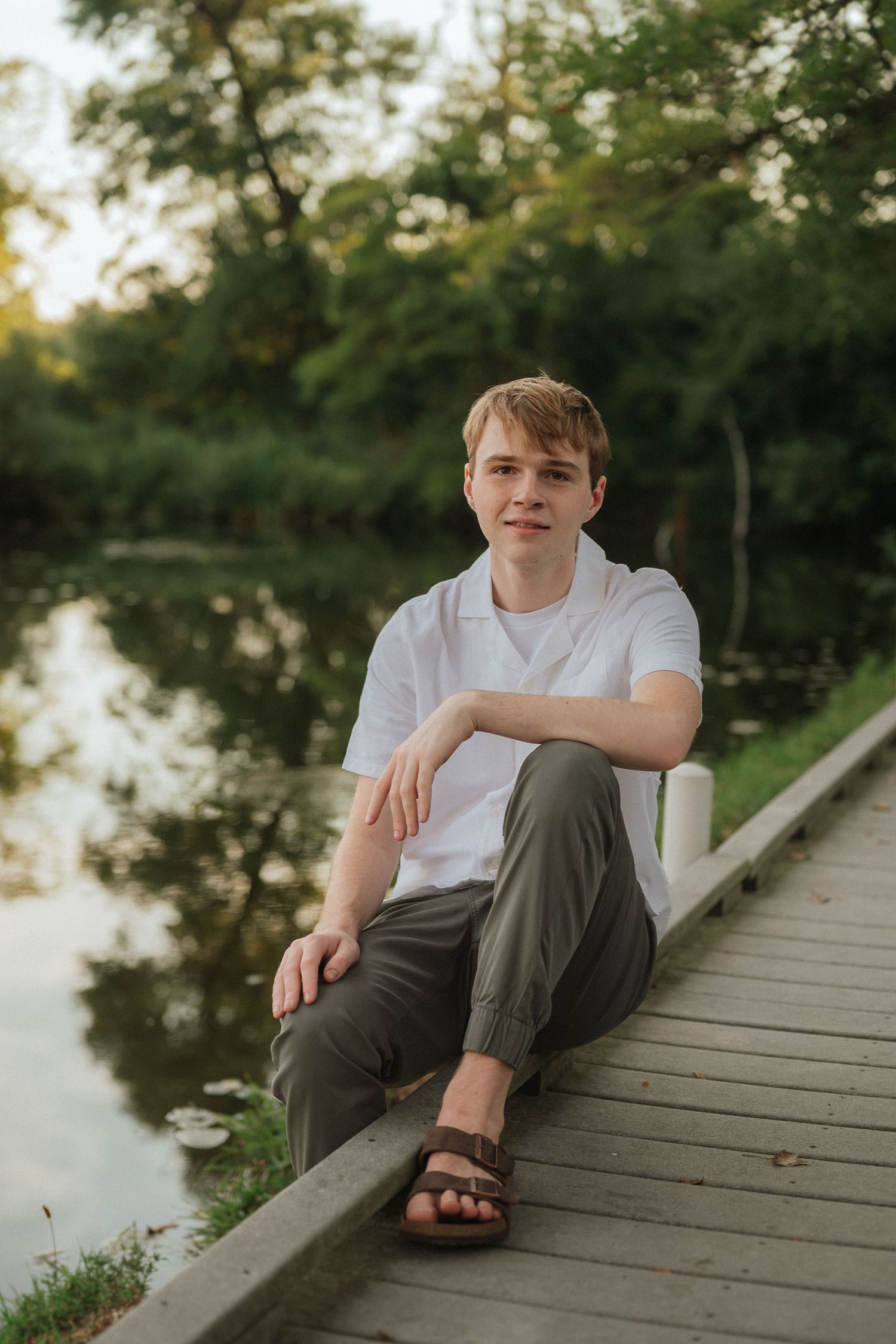 Multiple views of a wooden dock by a peaceful lake during golden hour.