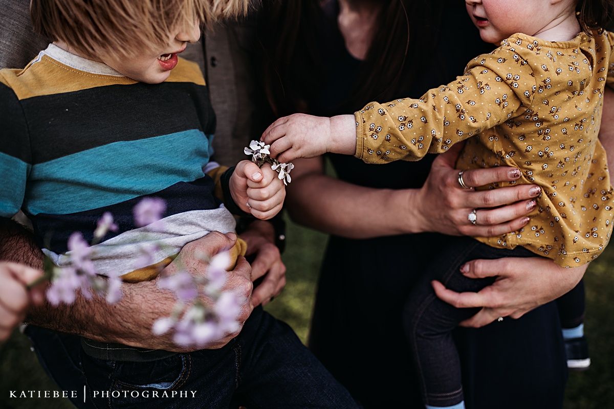 Close-up candid moment showing hands holding small flowers against dark clothing.