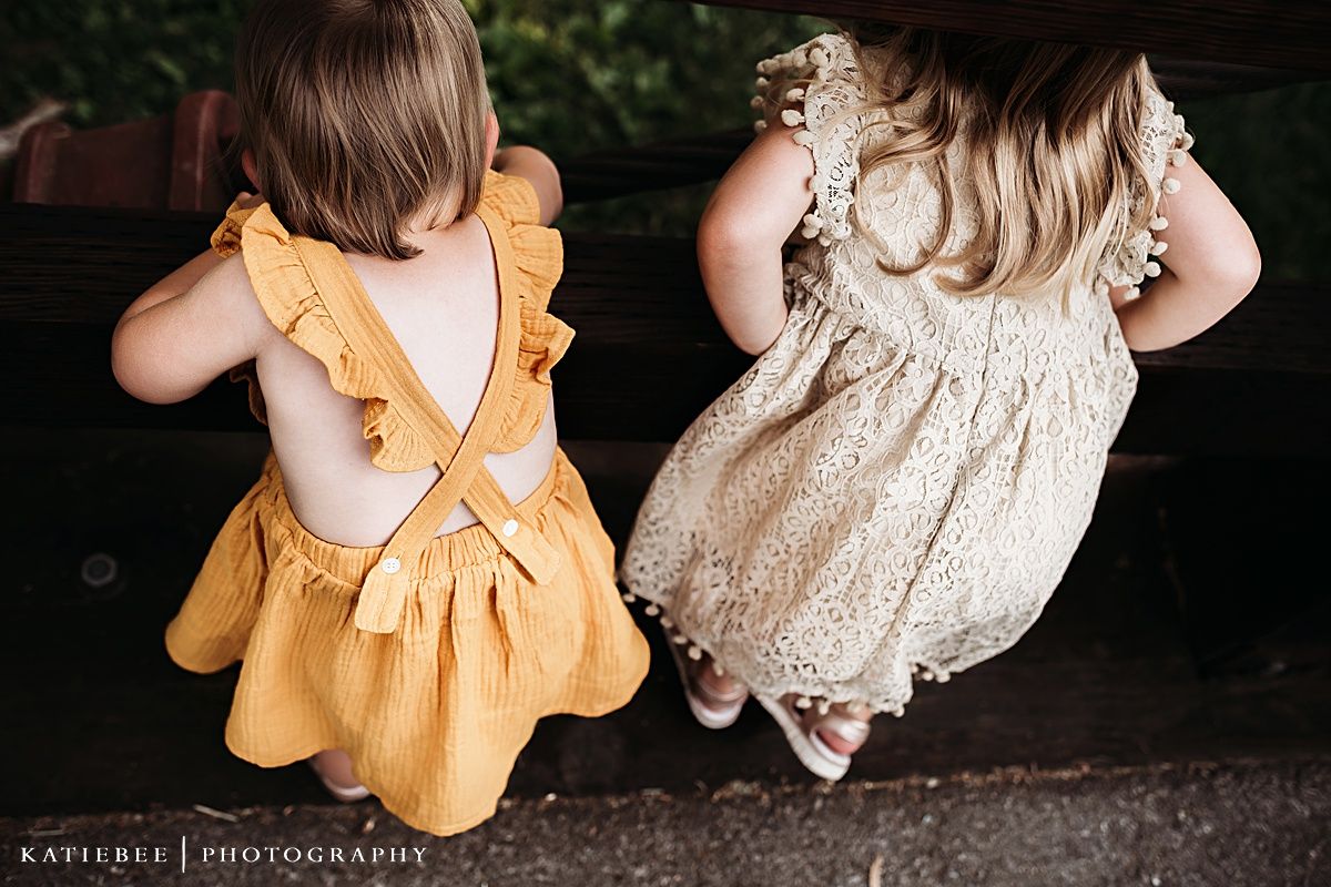 Two children in ruffled dresses sitting on dark wooden bench.