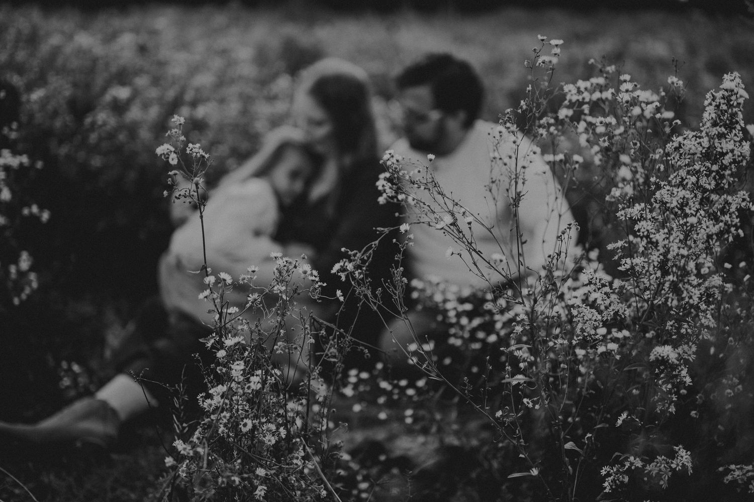 Romantic black and white portrait of couple surrounded by blooming wildflowers.