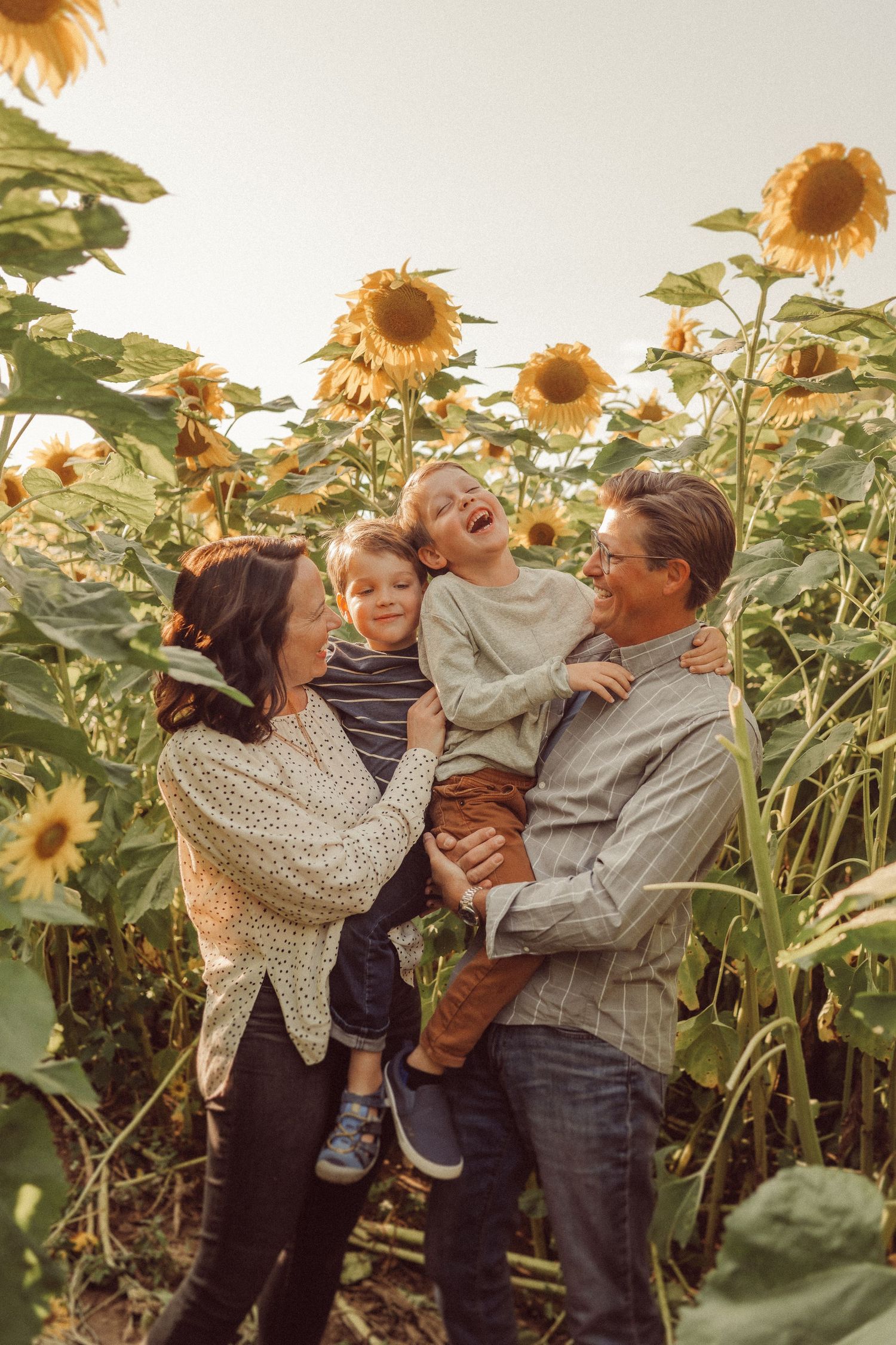 Family sharing a tender embrace surrounded by blooming sunflowers in warm sunset light.