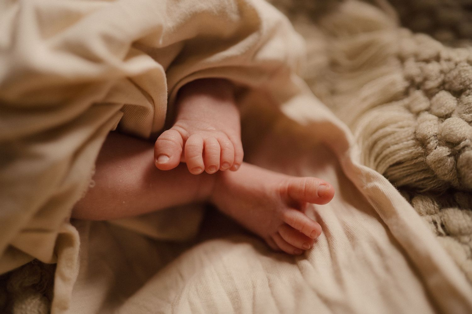 Detail shots of hands and fabric textures in warm neutral tones.