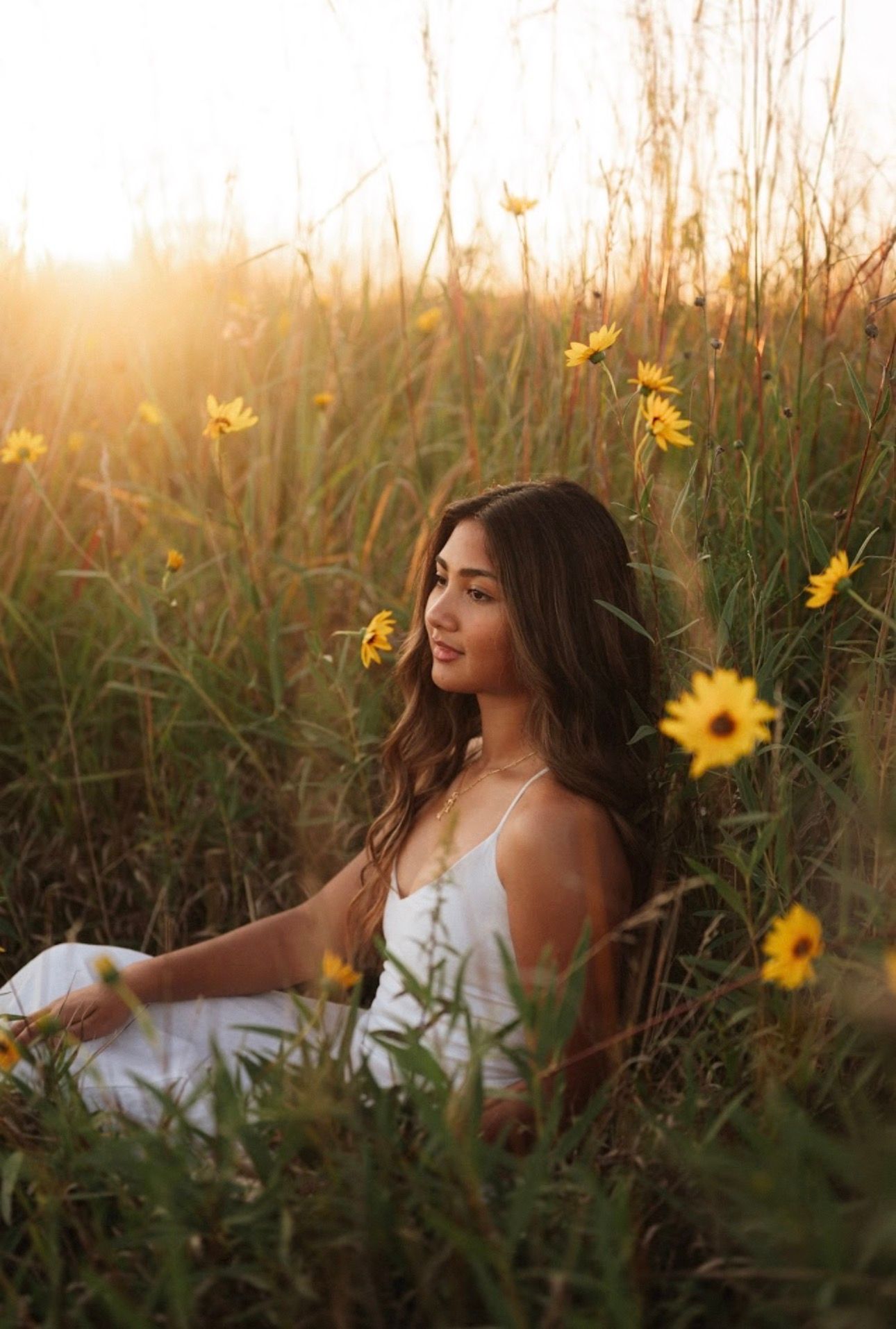 A dreamy portrait among wild sunflowers during golden hour.