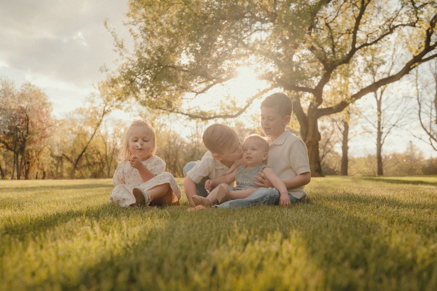 Four young children sitting together on green grass under sunlit trees in a warm golden hour outdoor setting.