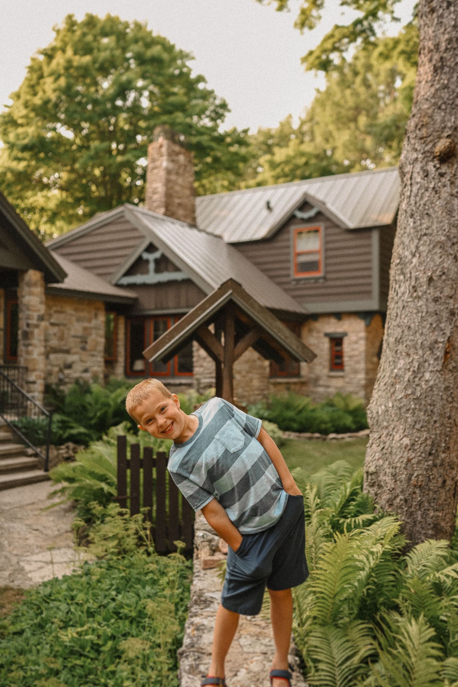 Cottage exterior with stone walls, metal roof, and lush ferns growing along the pathway.