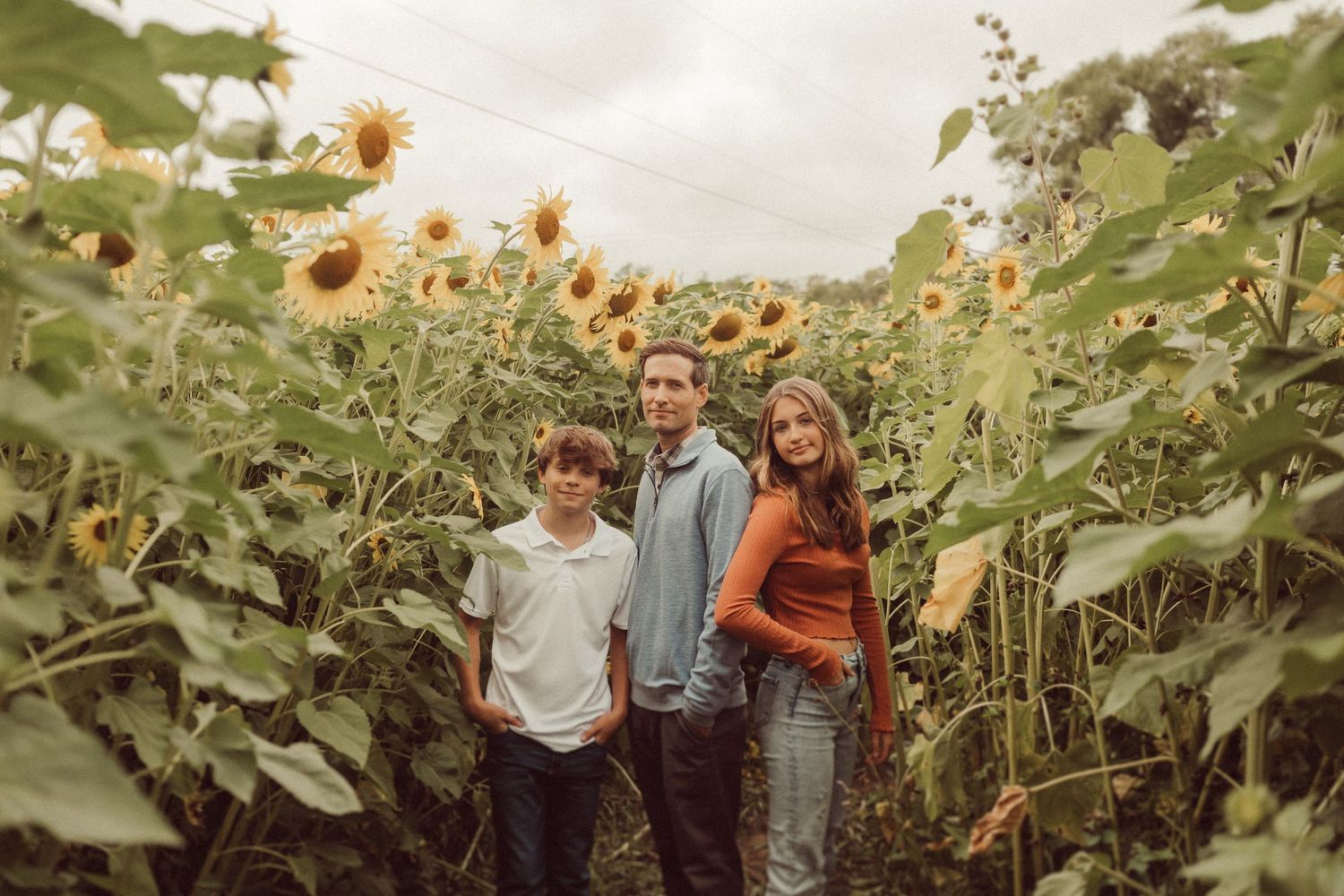 Three people standing together in a lush sunflower field during golden hour.