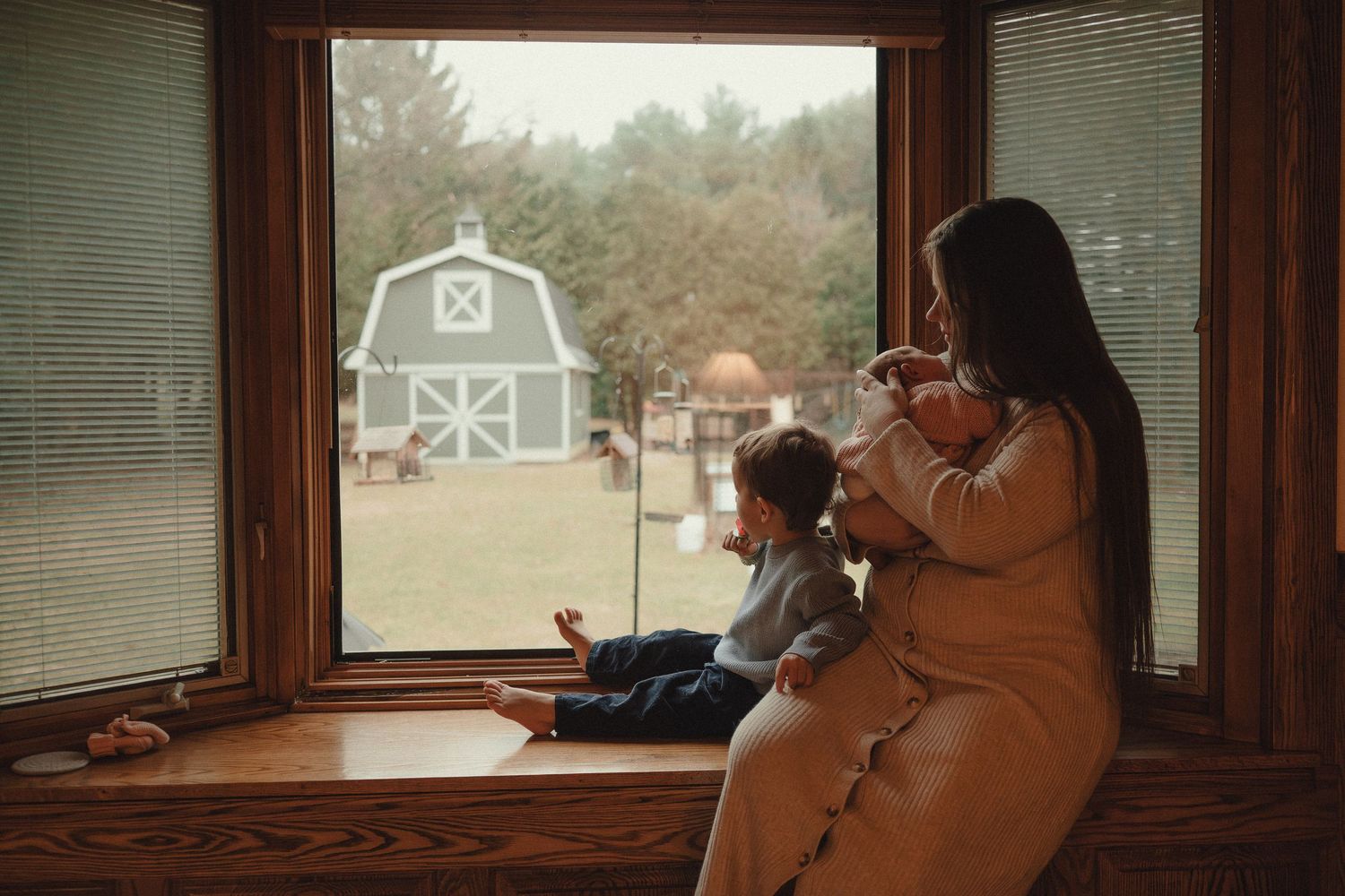 A series of photos showing a window view with barn visible in the background.