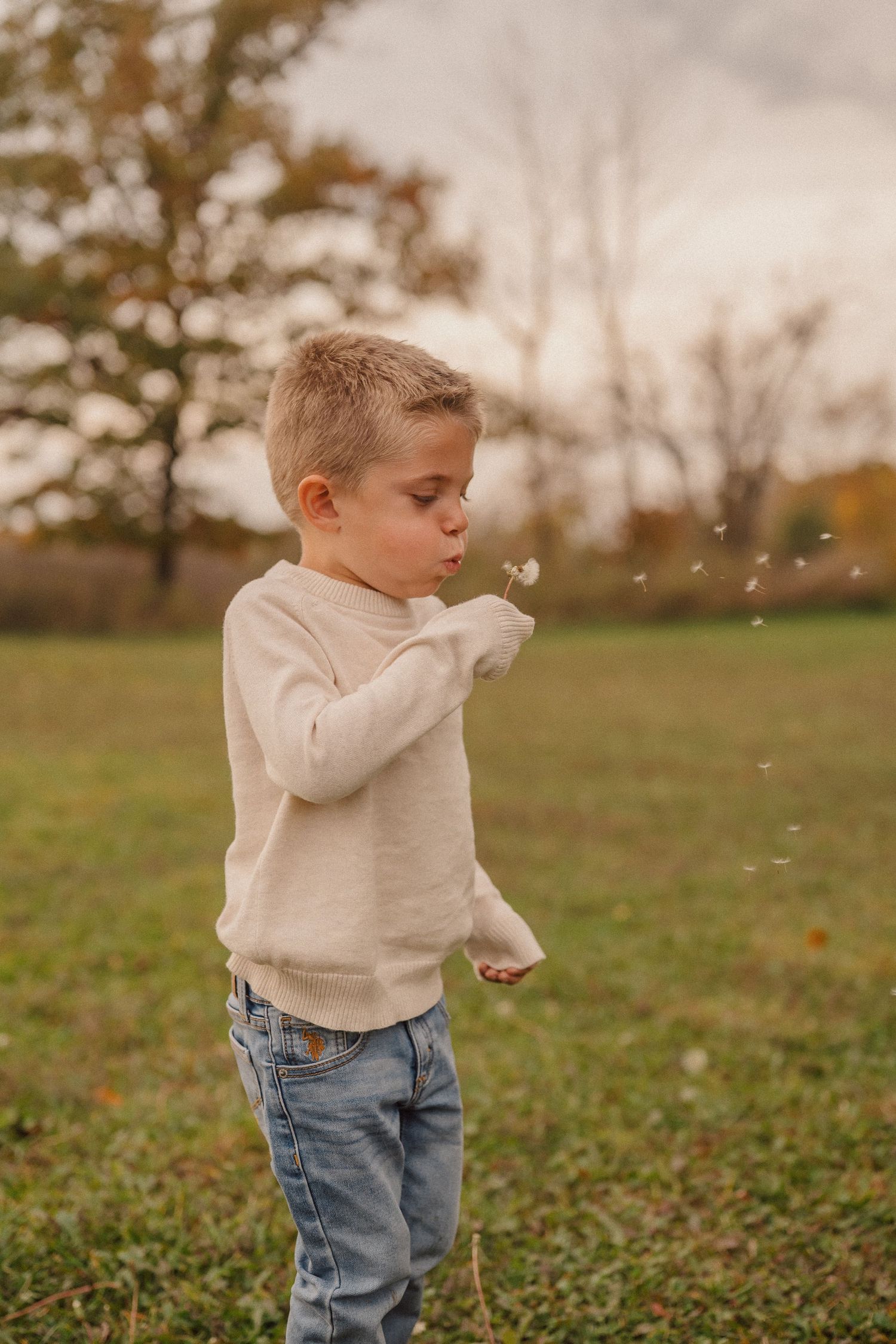 A young child in a beige sweater and jeans blows dandelion seeds in a grassy field.