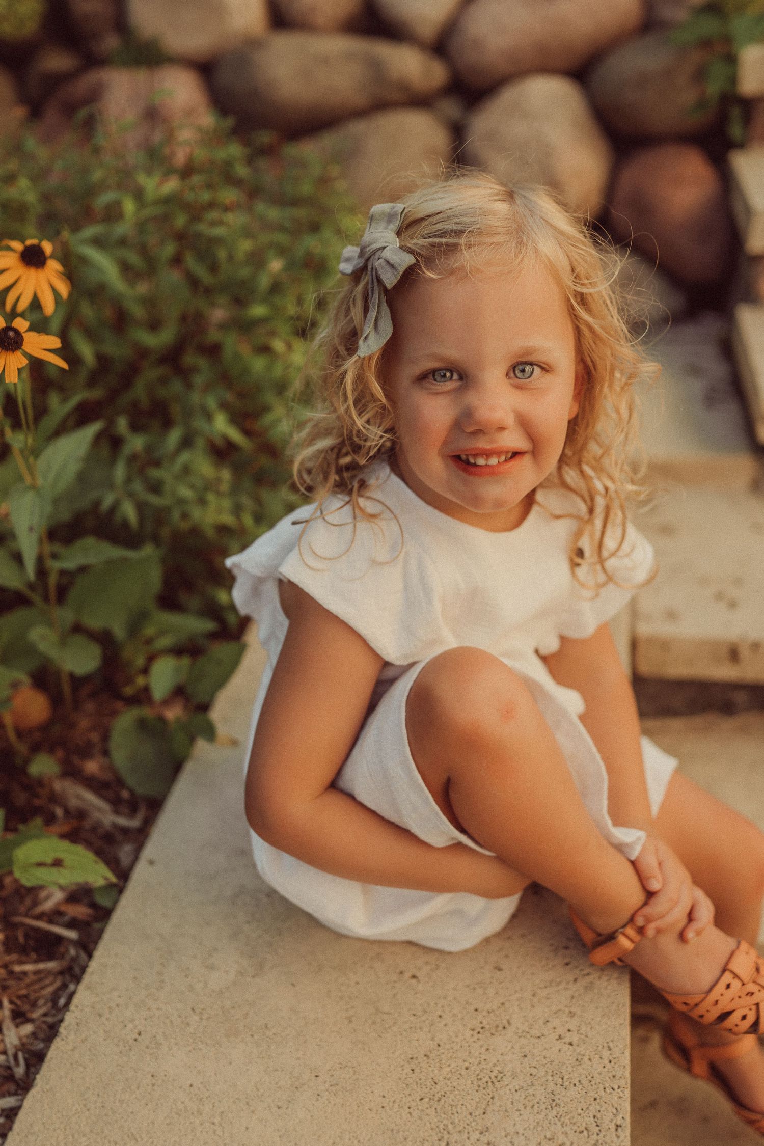 Summer garden portrait on concrete steps with blooming hydrangeas and wildflowers in background.