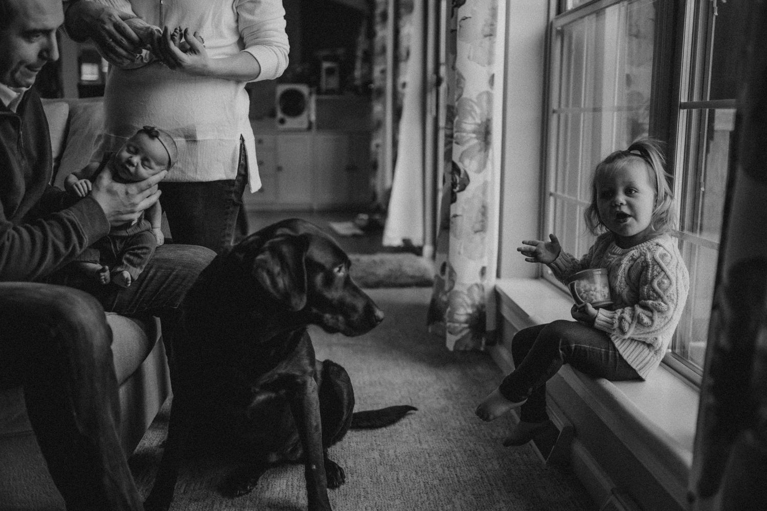 Black and white photo of a family and their dog sitting by a bright window in a living room.