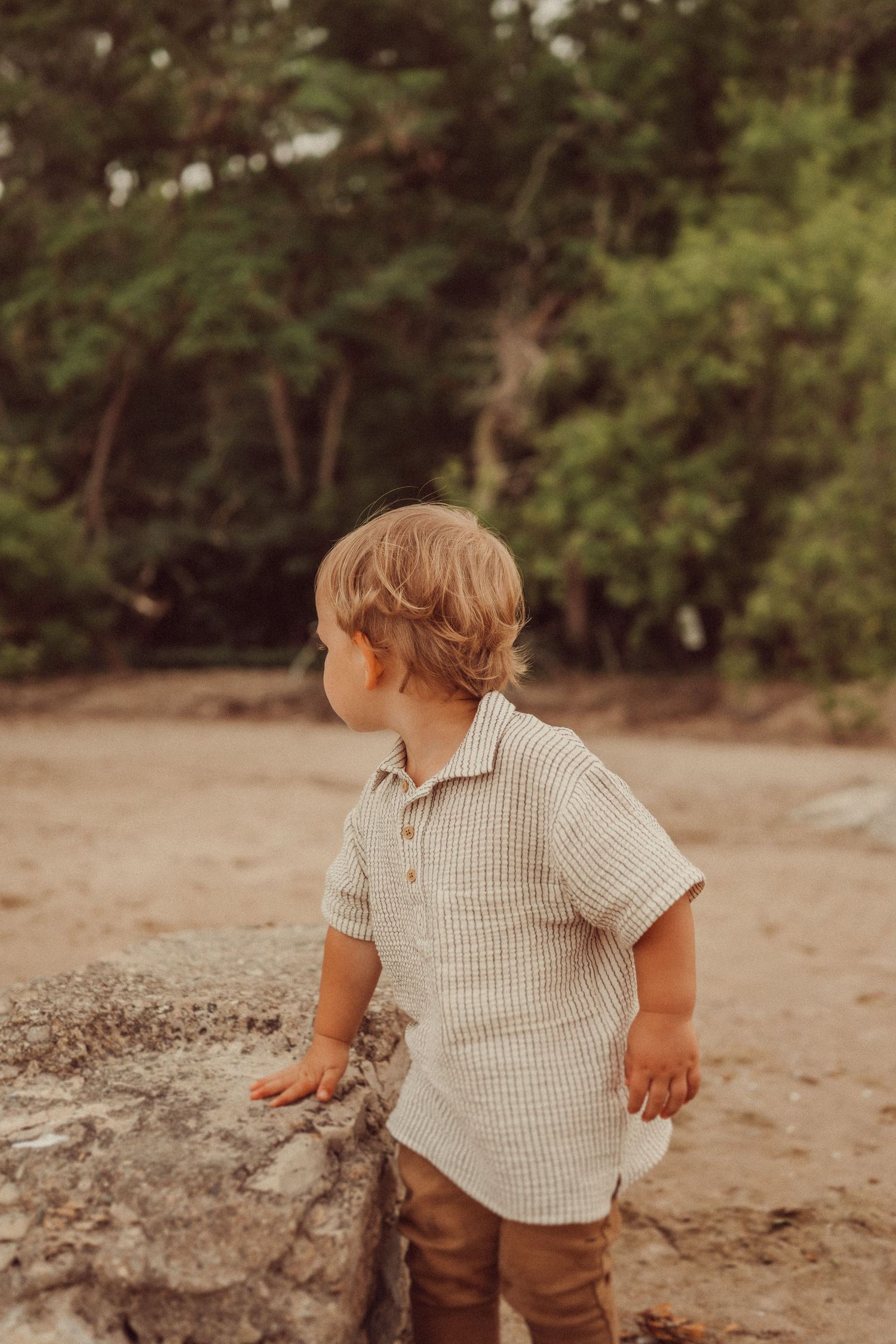 Small child wearing checkered shirt and brown pants explores sandy beach area near trees.
