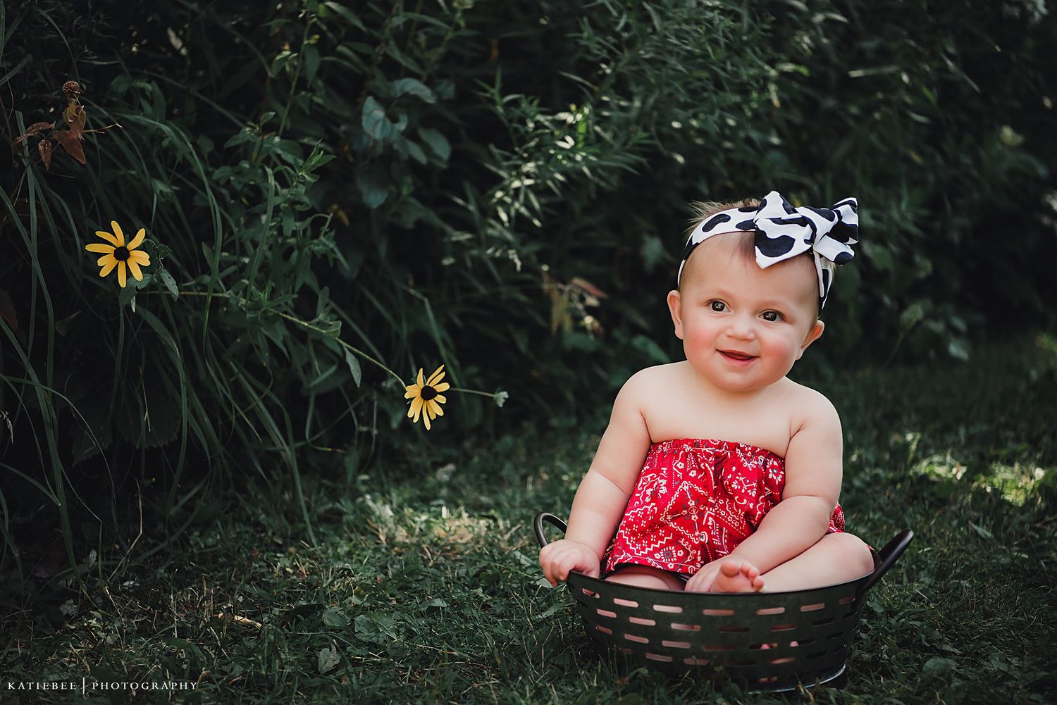 Small red dress and bow on rustic outdoor setting with yellow flowers in background.