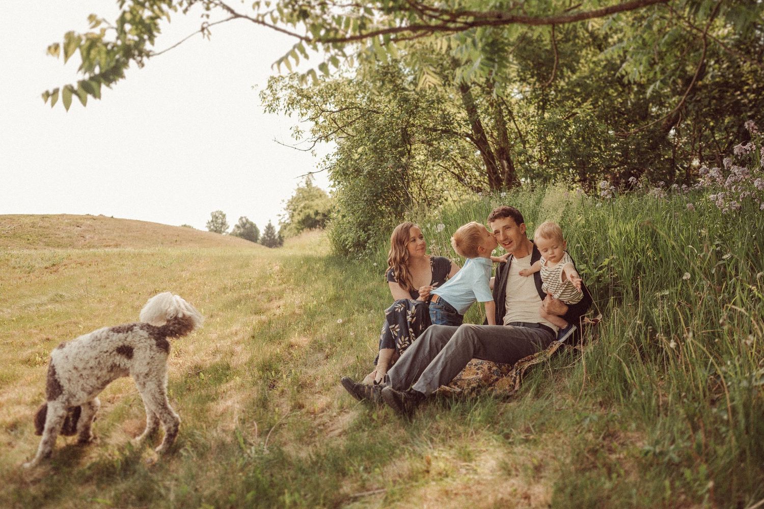 A family sits on a hillside with their dog while enjoying a summer evening outdoors.