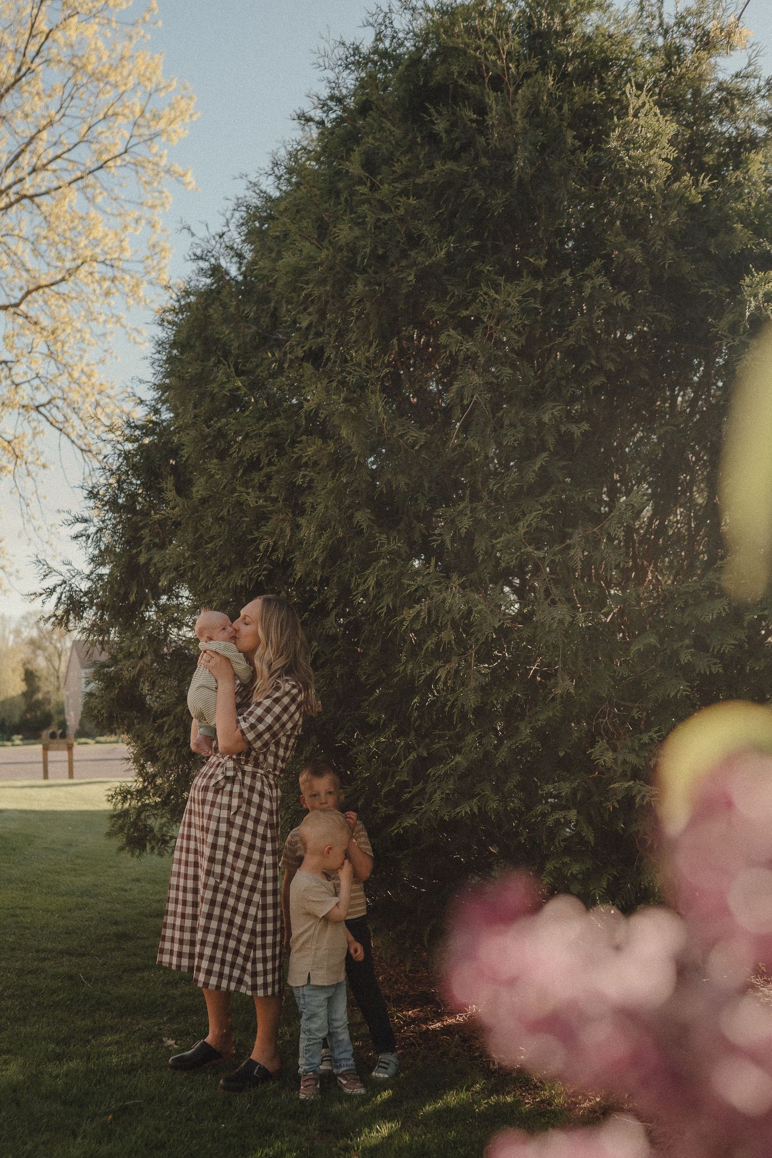 A mother in a plaid dress kisses her baby while her toddler stands beside her near a large evergreen tree.