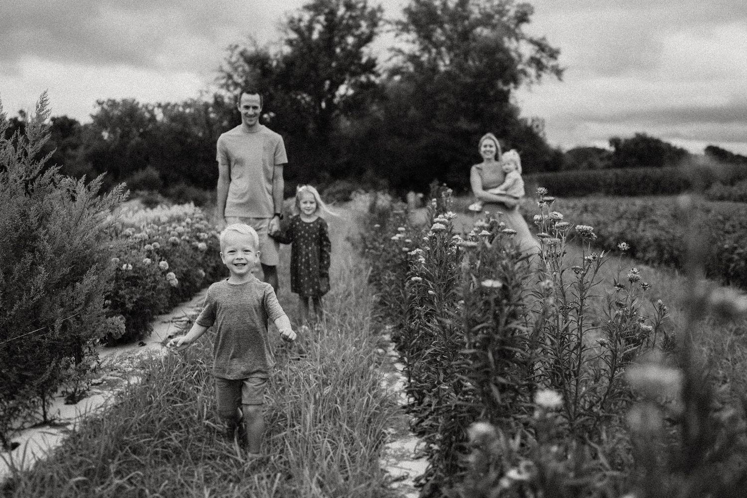 A candid black and white photograph of a family walking together along a rural path bordered by wildflowers.
