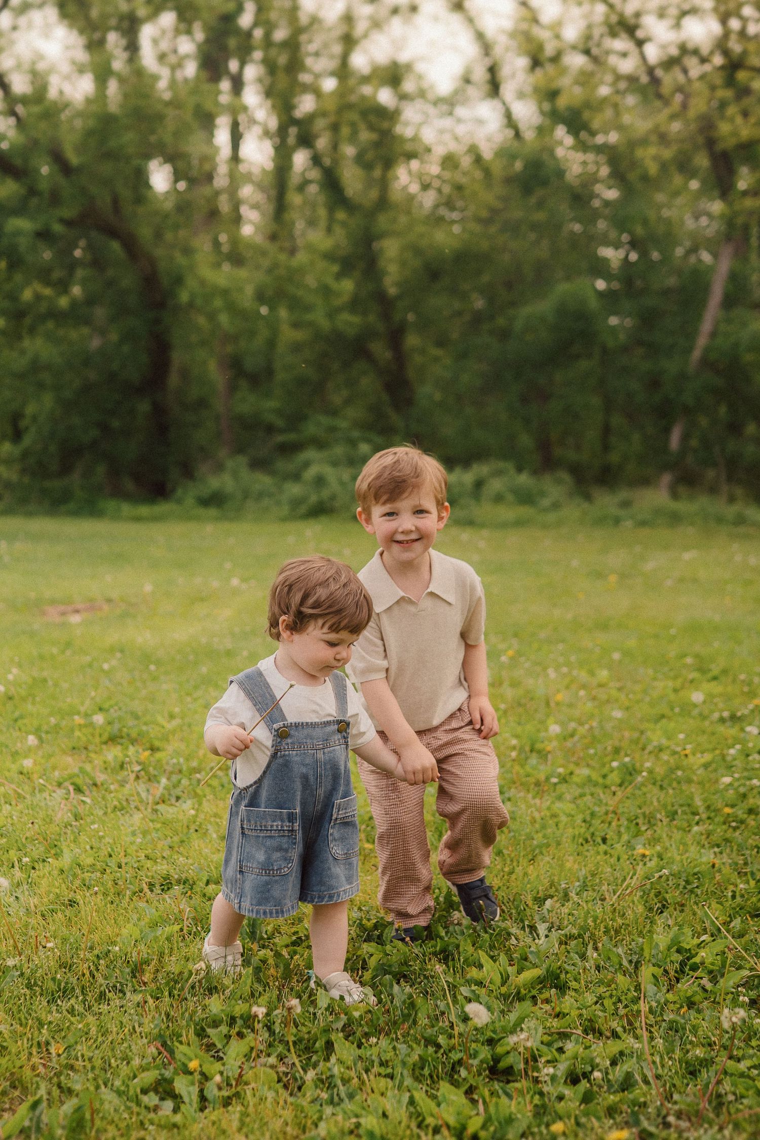 Two children play and laugh together on a grassy field in the warm sunlight.
