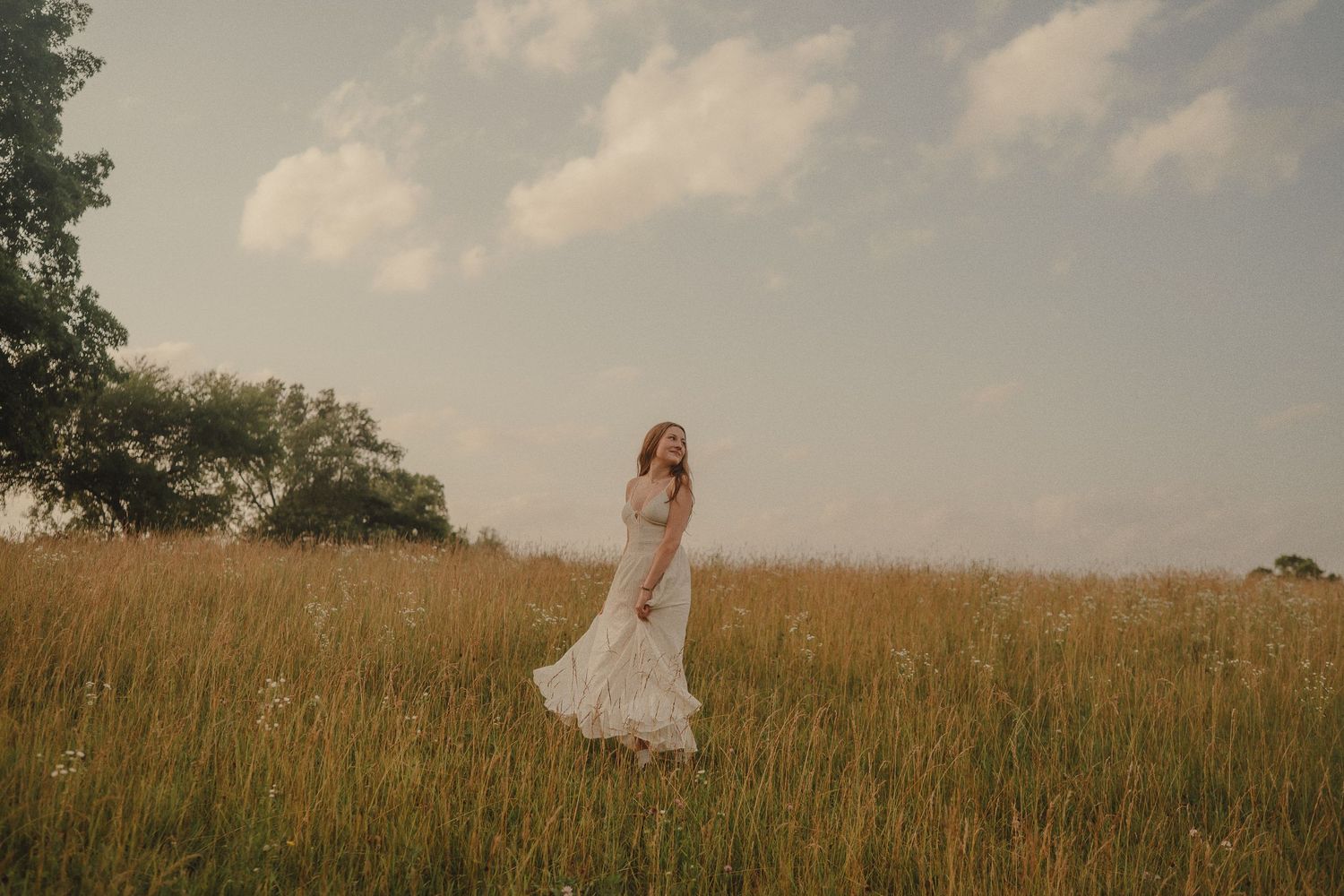 Woman in flowing white dress stands in golden meadow under dramatic cloudy sky near lone tree.