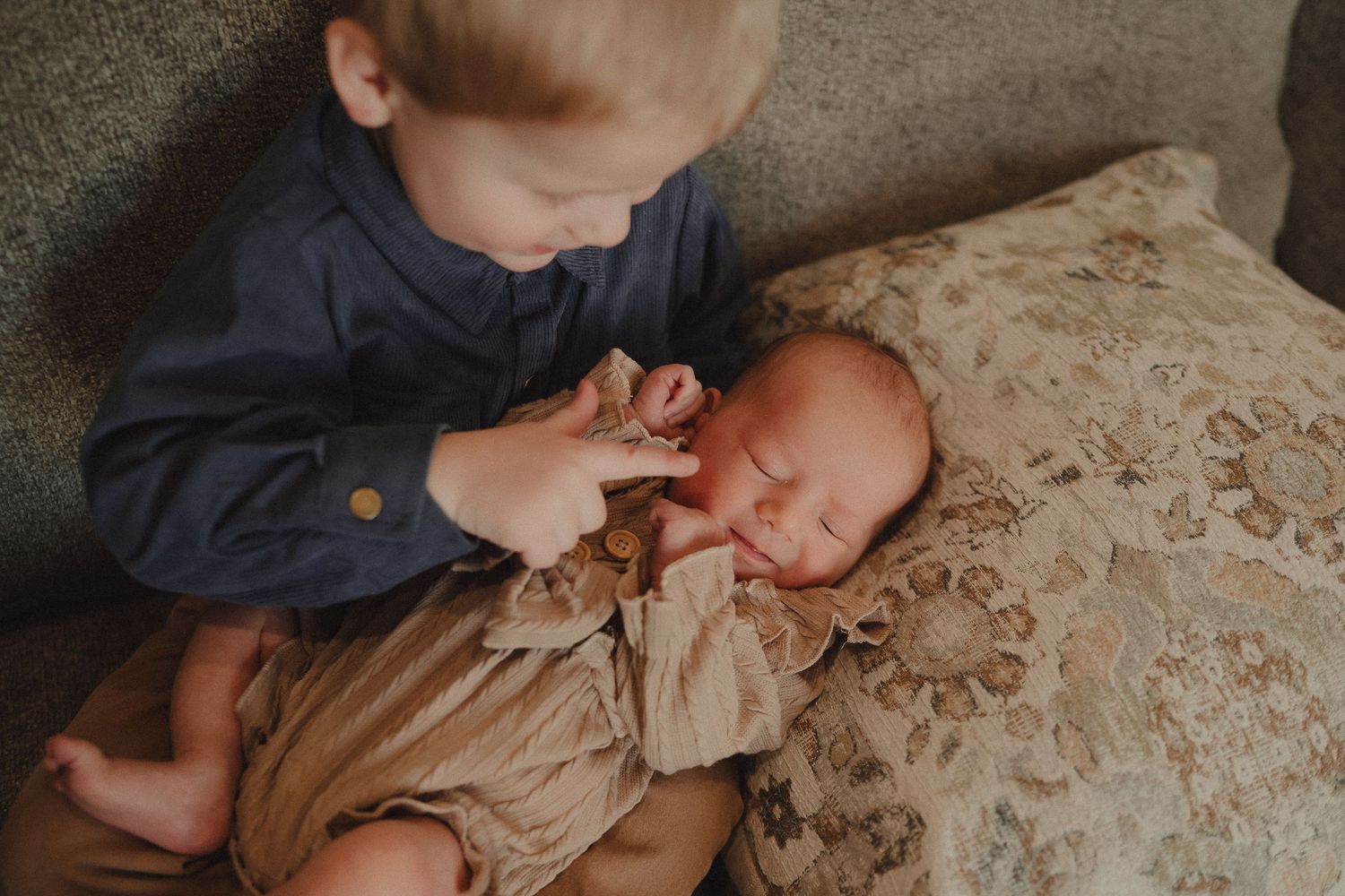 Heartwarming series of intimate family photos showing tender moments between parent and child on a beige couch.