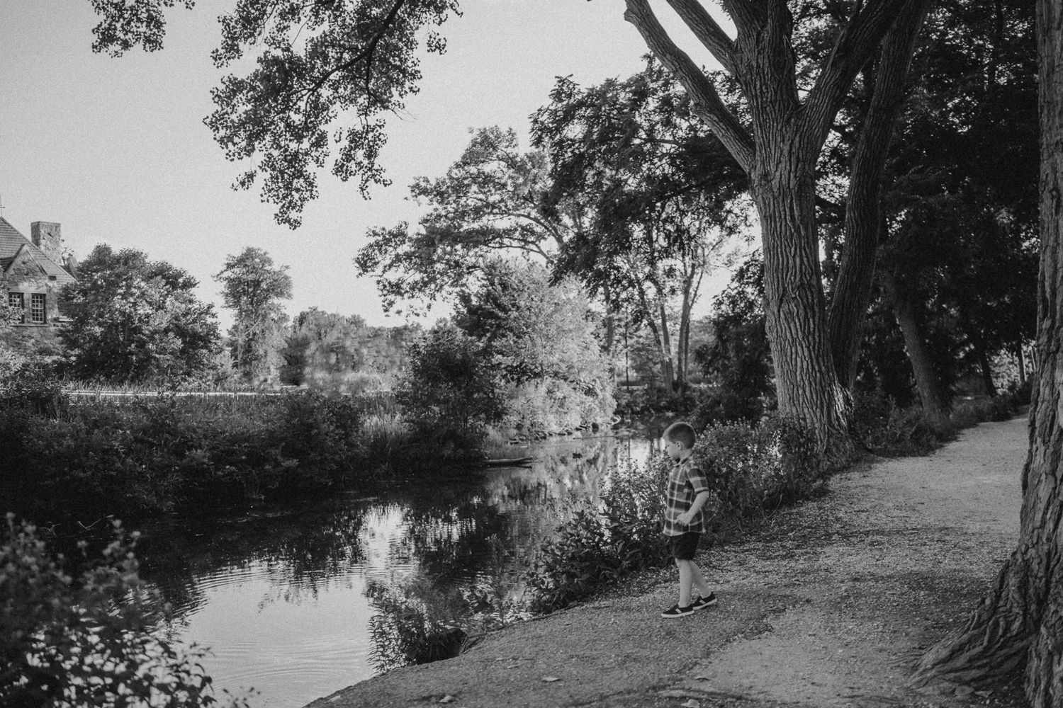 Black and white landscape of a serene river path lined with mature trees.