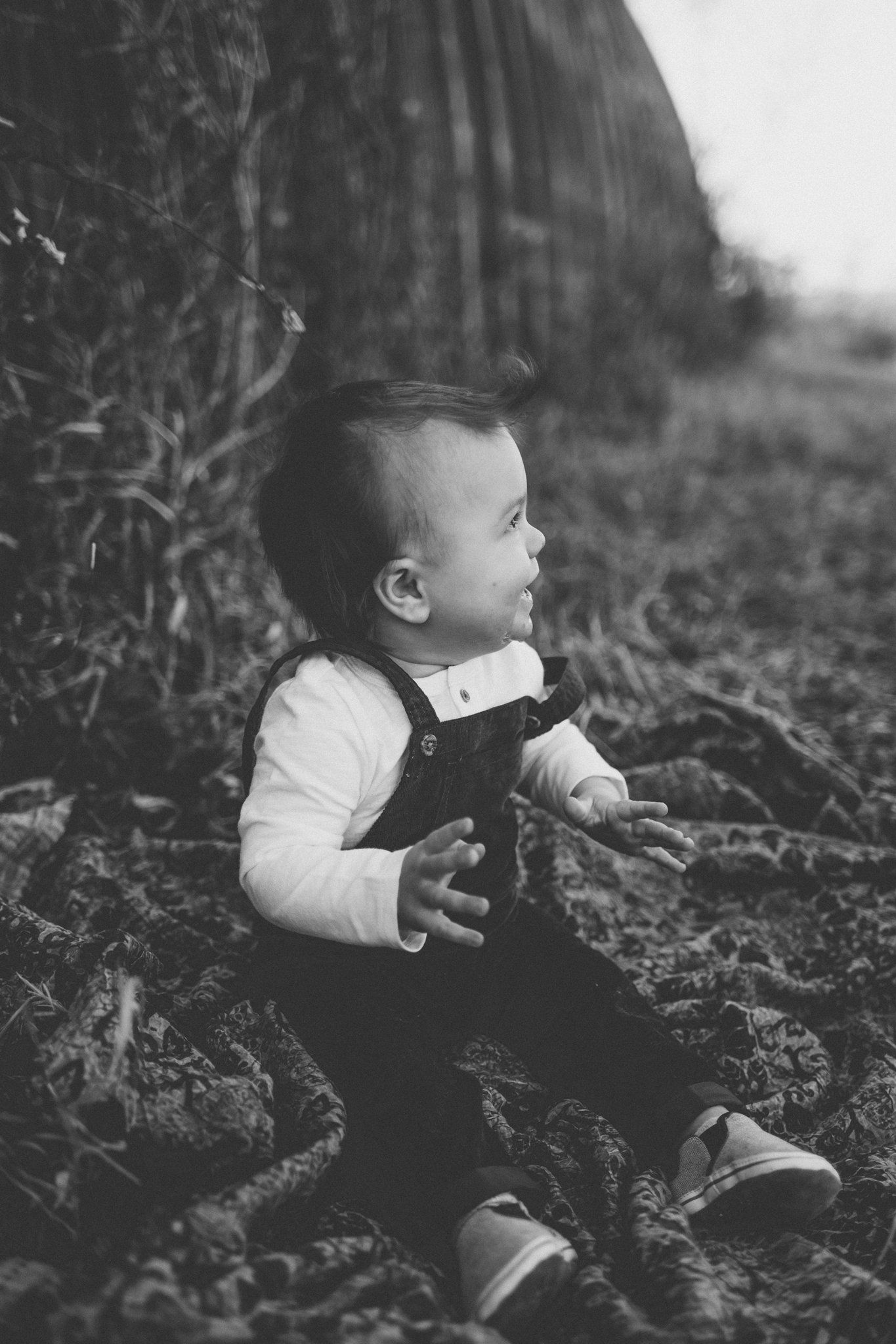 Black and white photo of a baby sitting outdoors in dark overalls and white shirt looking up at something off-camera.