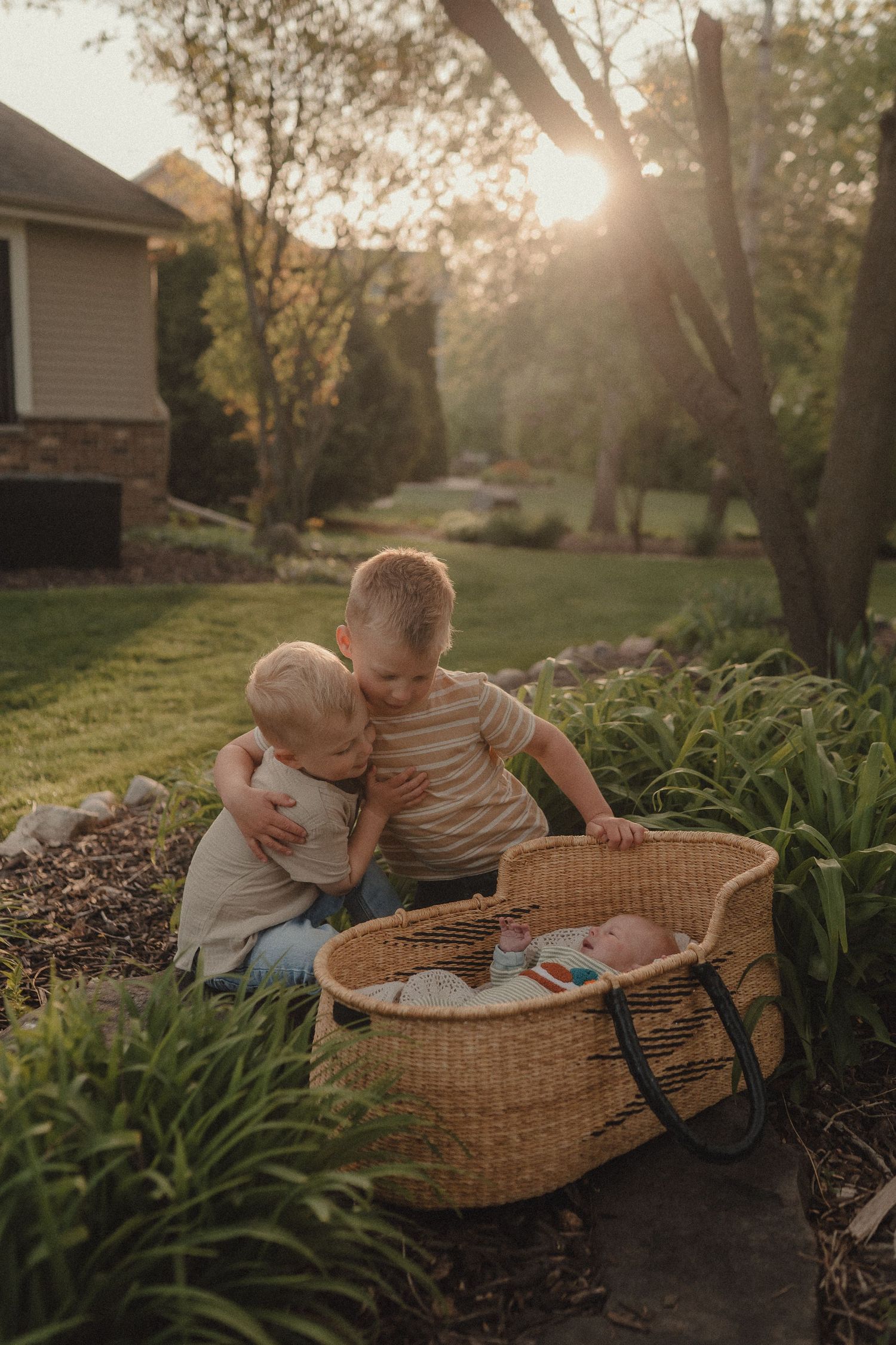 Two young boys sit together in a sunny garden, looking at a newborn baby resting in a woven Moses basket.