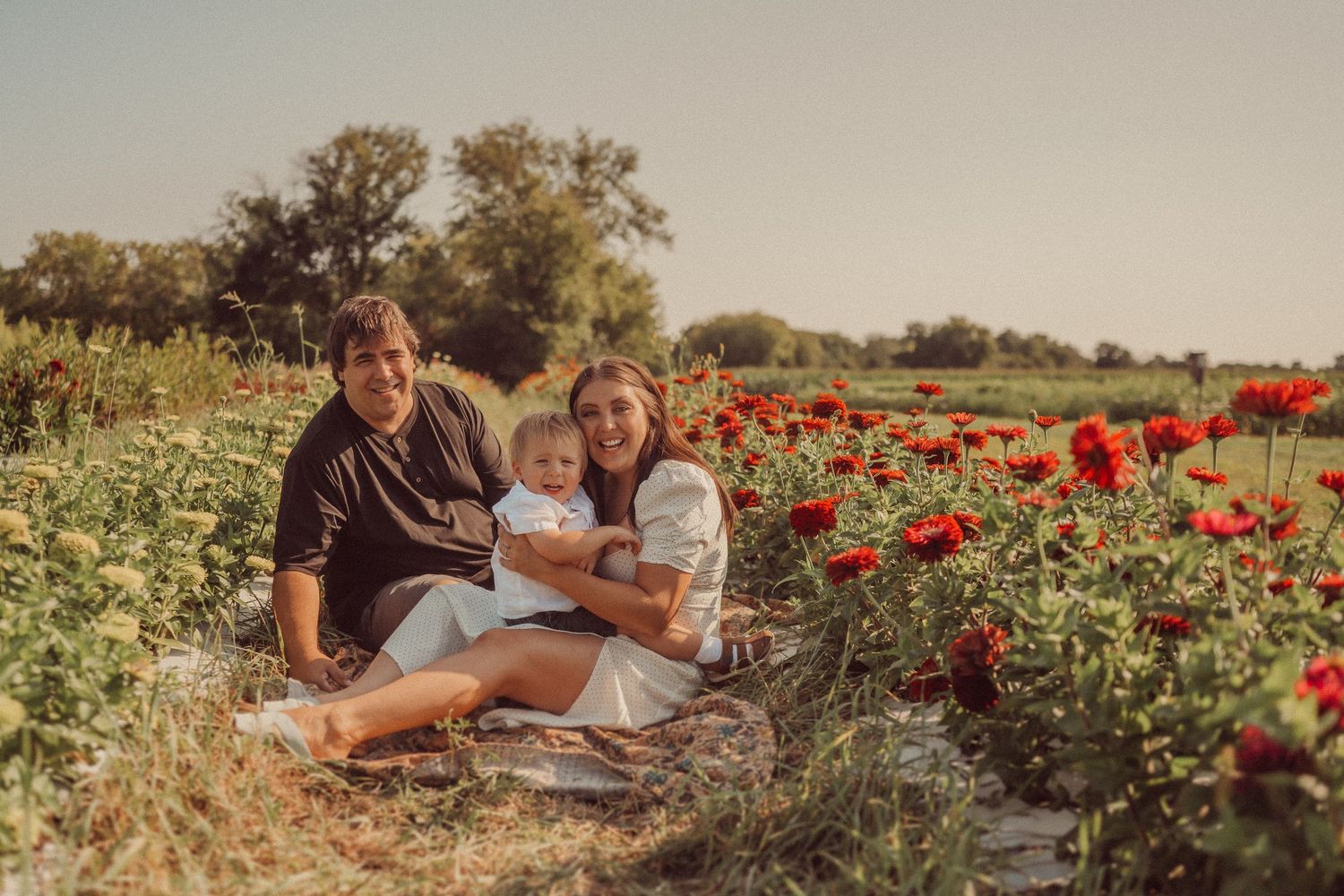 A family enjoying quality time together in a blooming poppy field during golden hour.