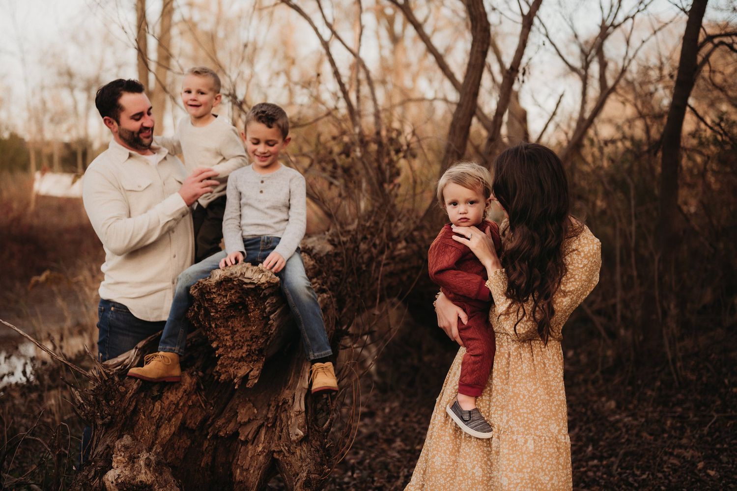 A family photo session in autumn woods with warm lighting and natural poses.