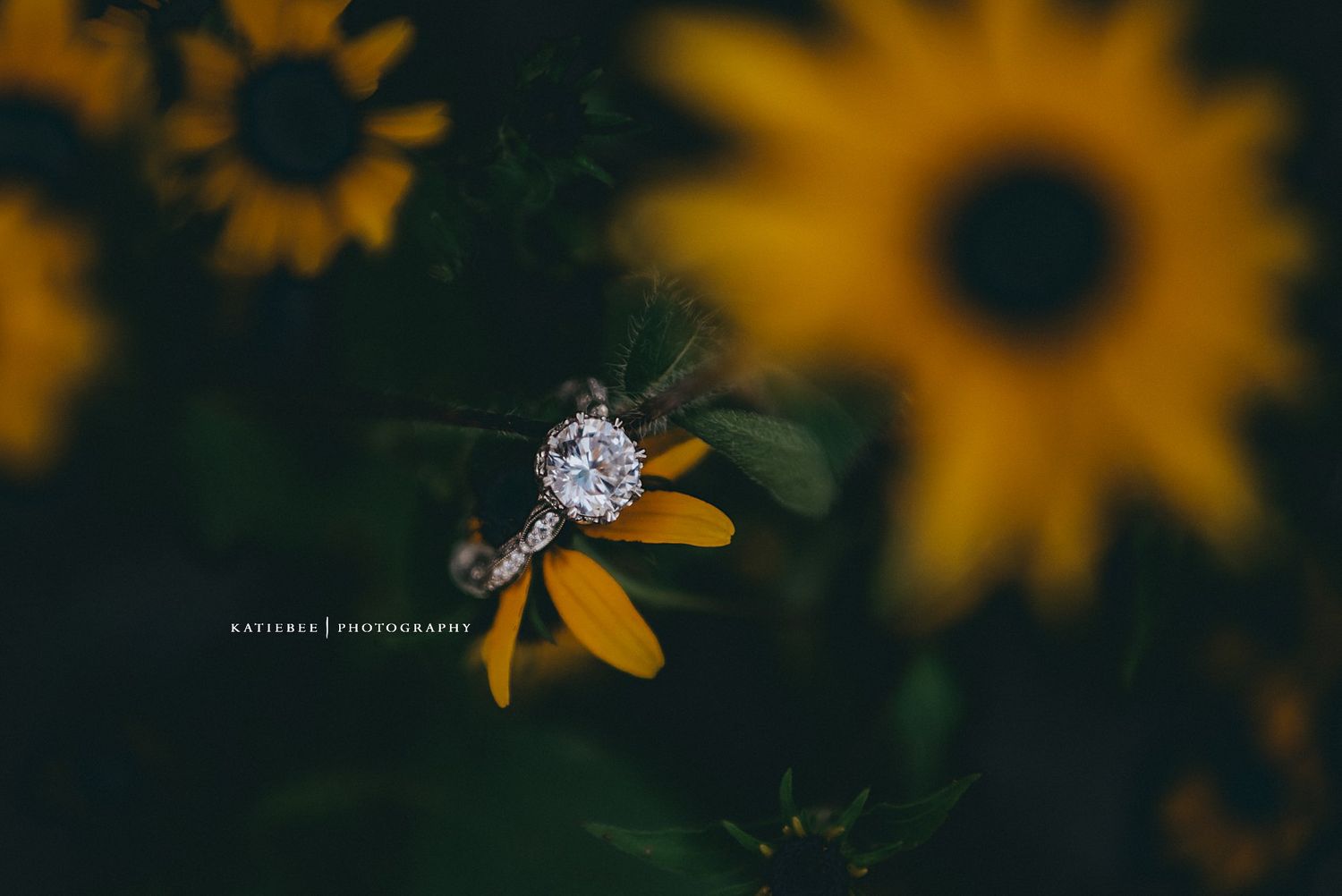 Sparkling engagement ring displayed on yellow sunflower petals with dark background.