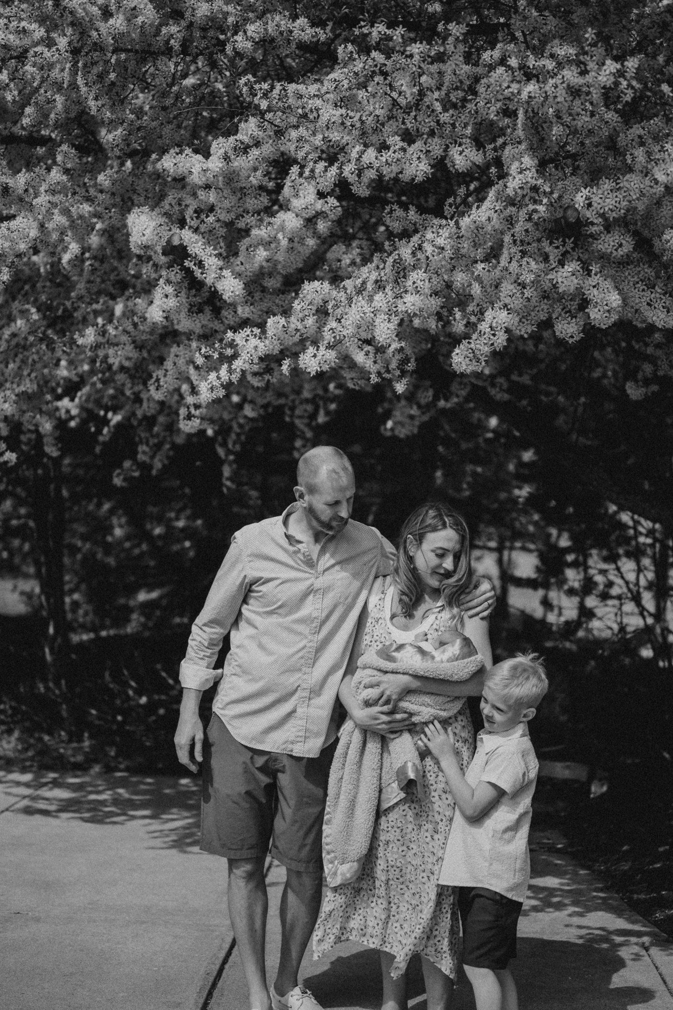 Black and white portrait of a family standing together under flowering trees.