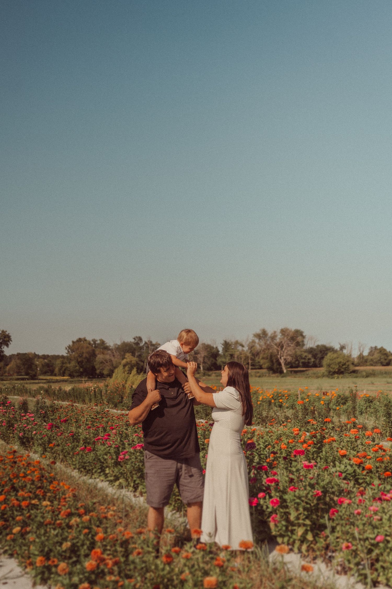 A couple standing in a vibrant flower field during golden hour.