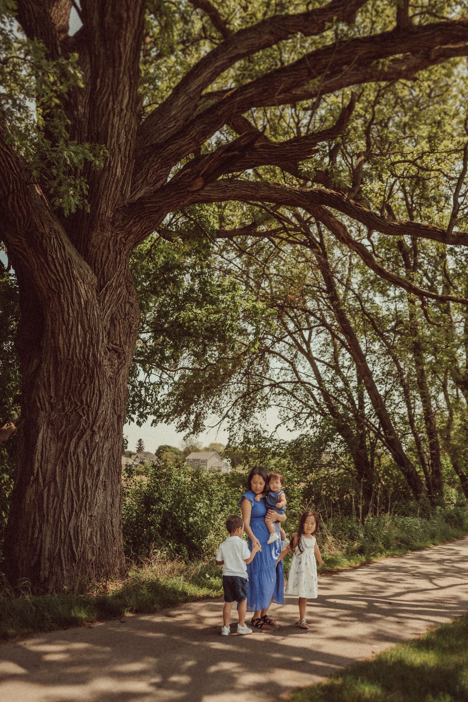 A group poses under a large tree on a scenic walking path during golden hour.