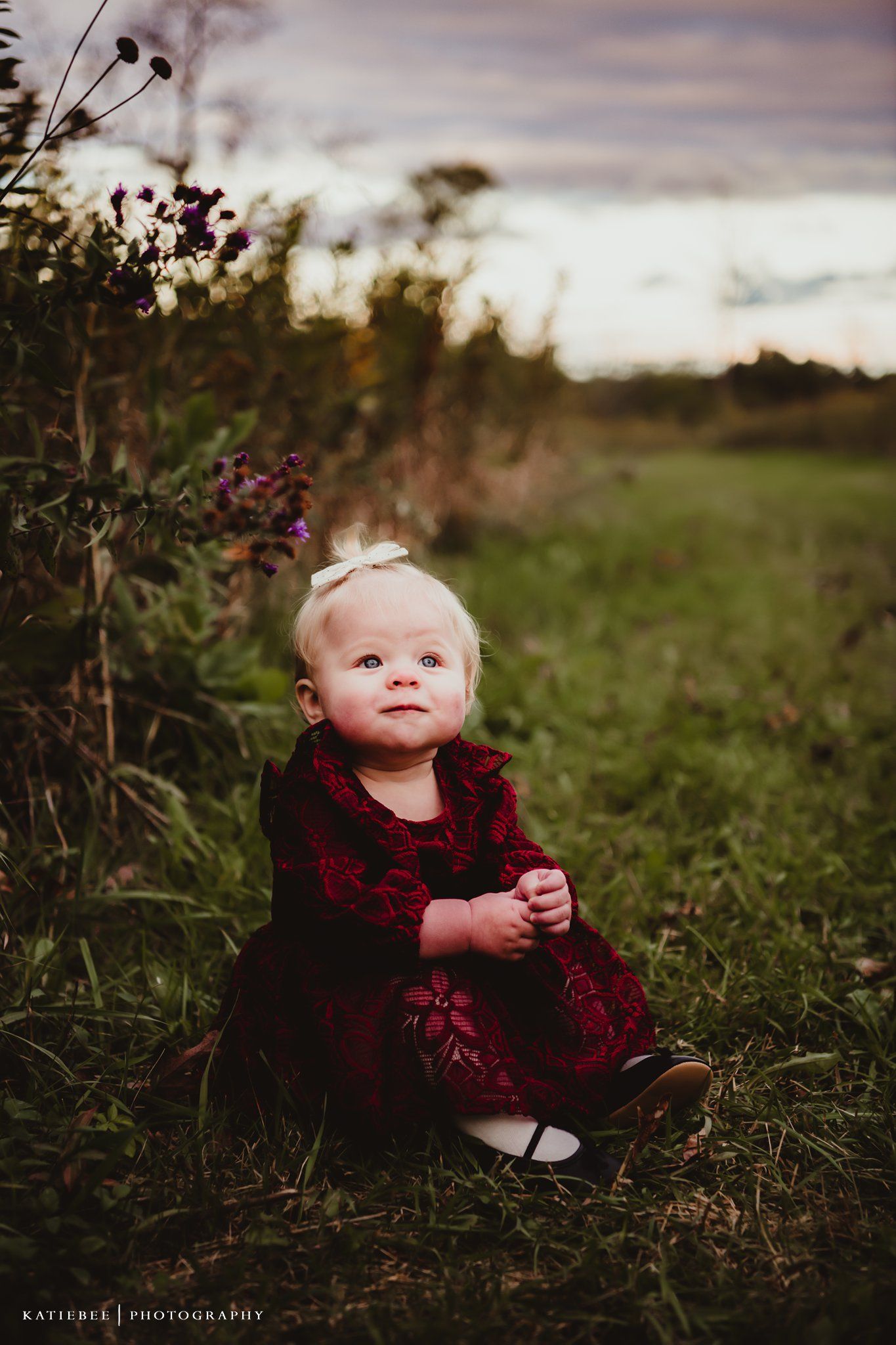 Baby in burgundy velvet dress sits in grass with wildflowers at sunset.