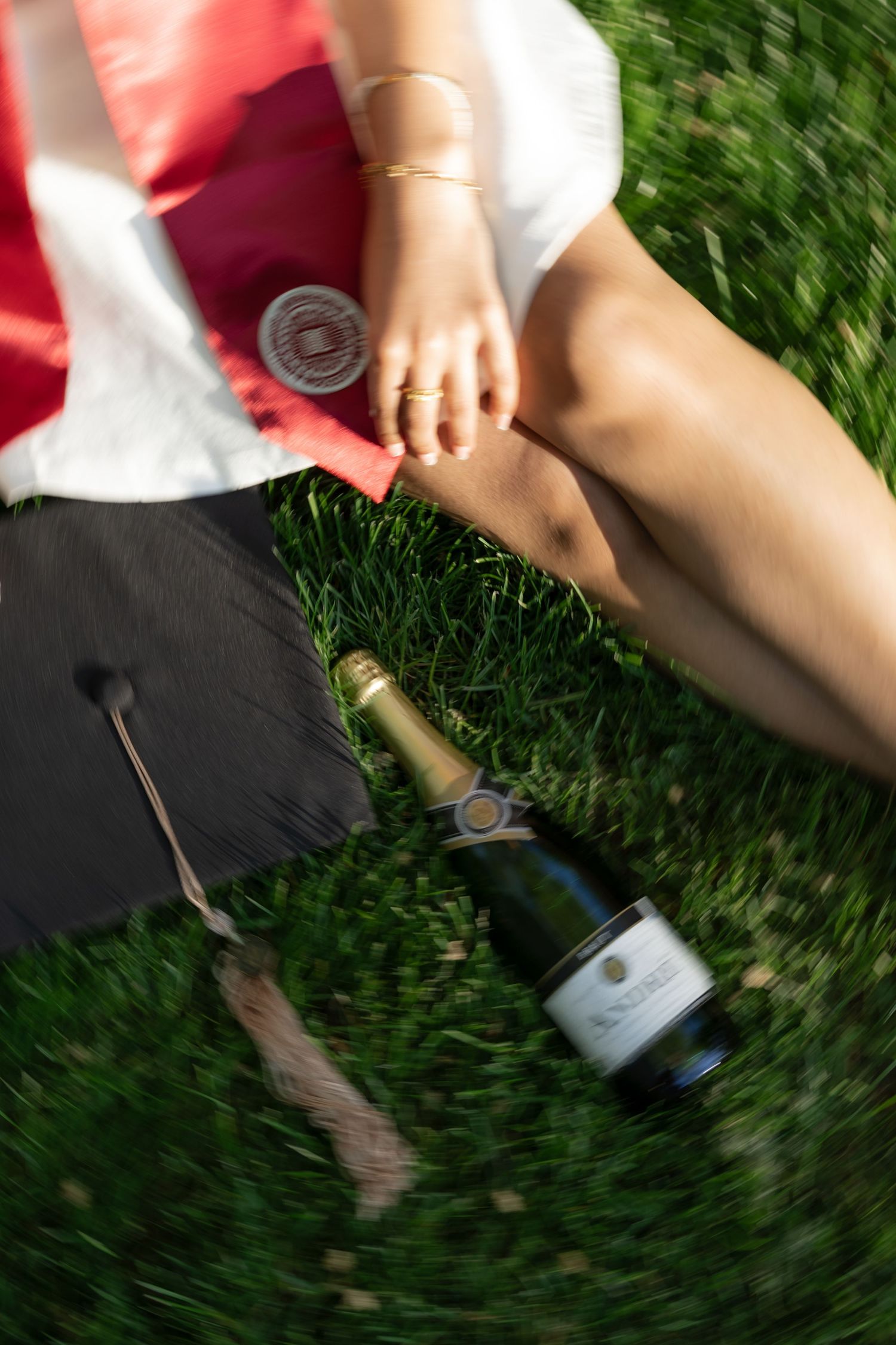 Person sitting on grass with champagne bottles in summer setting.