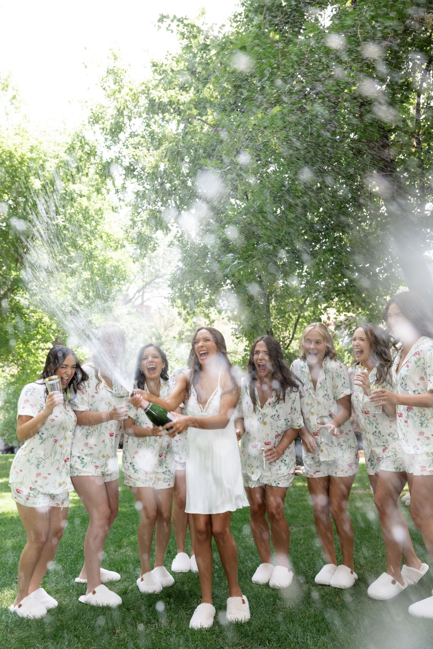 Celebration with champagne sprays outdoors under tree canopy.