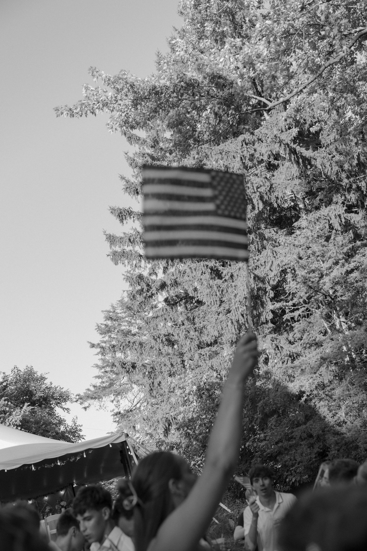 American flag being waved in the air against a backdrop of trees during an outdoor celebration.