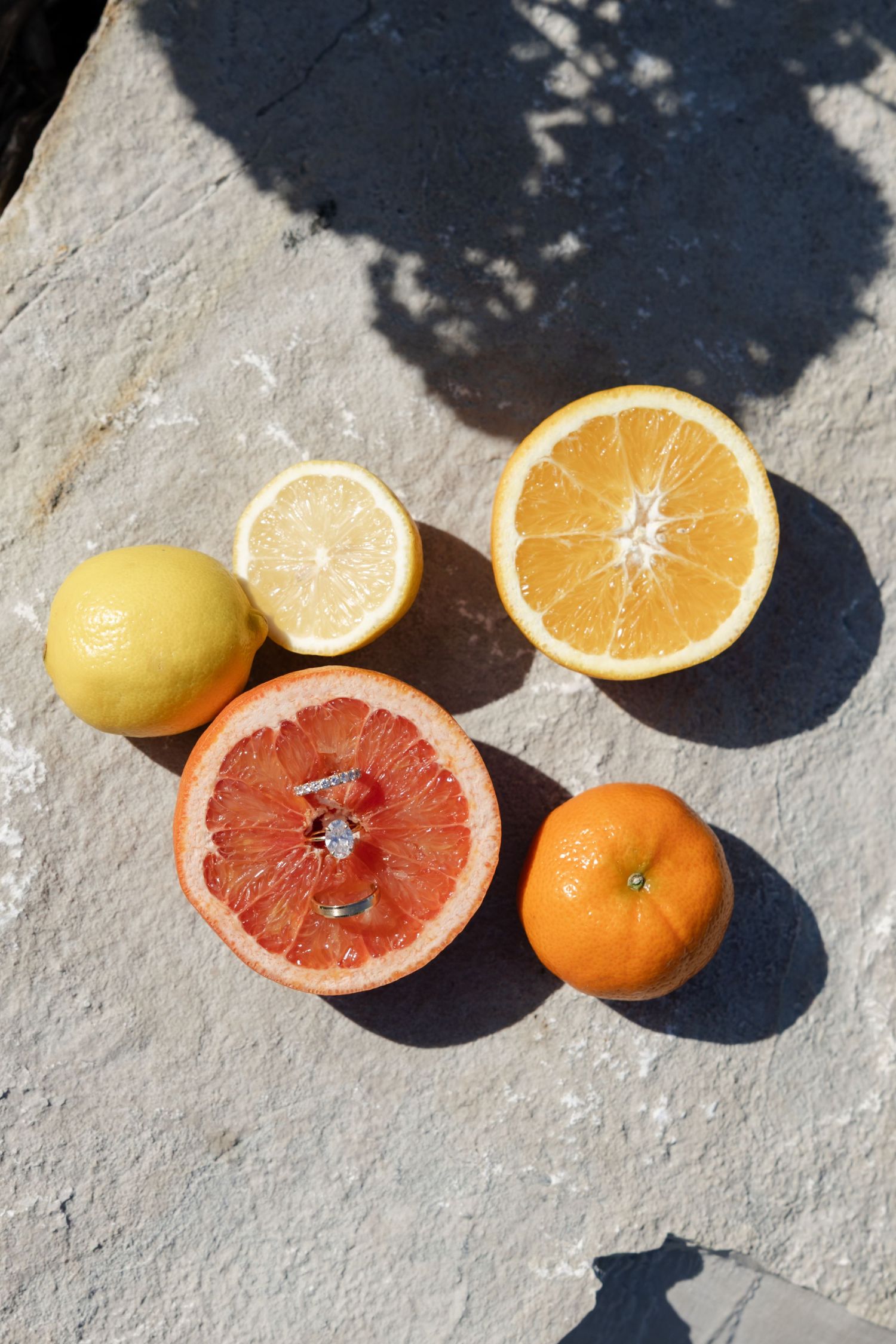 Assorted citrus fruits casting shadows on light concrete surface.
