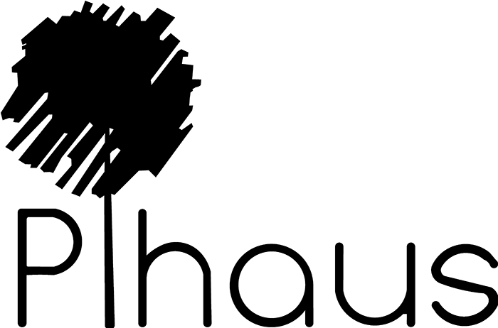 Black and white logo featuring an abstract tree design above the stylized text Plhaus.